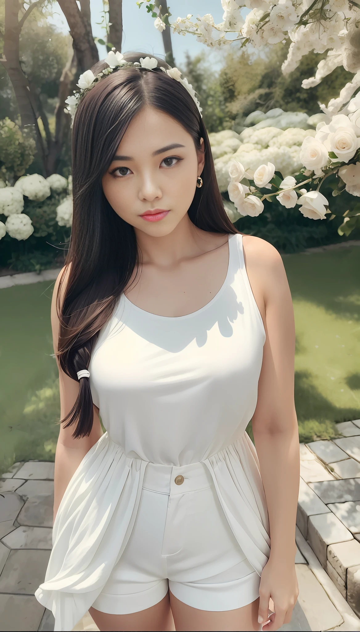 ((Best Quality, 8K, Masterpiece: 1.3)), (Flower Cap: 1.3), Focus: 1.2, Perfect Body Beauty: 1.4, Buttocks: 1.2, (Layered Haircut: 1.2)), (Dark Street: 1.3), Highly Detailed Face and Skin Texture, Full Body, Fine Eyes, Double Eyelids, Oversized Breasts, Whitened Skin, Long Hair, (Round Face: 1.5), (Shorts: 1.6)