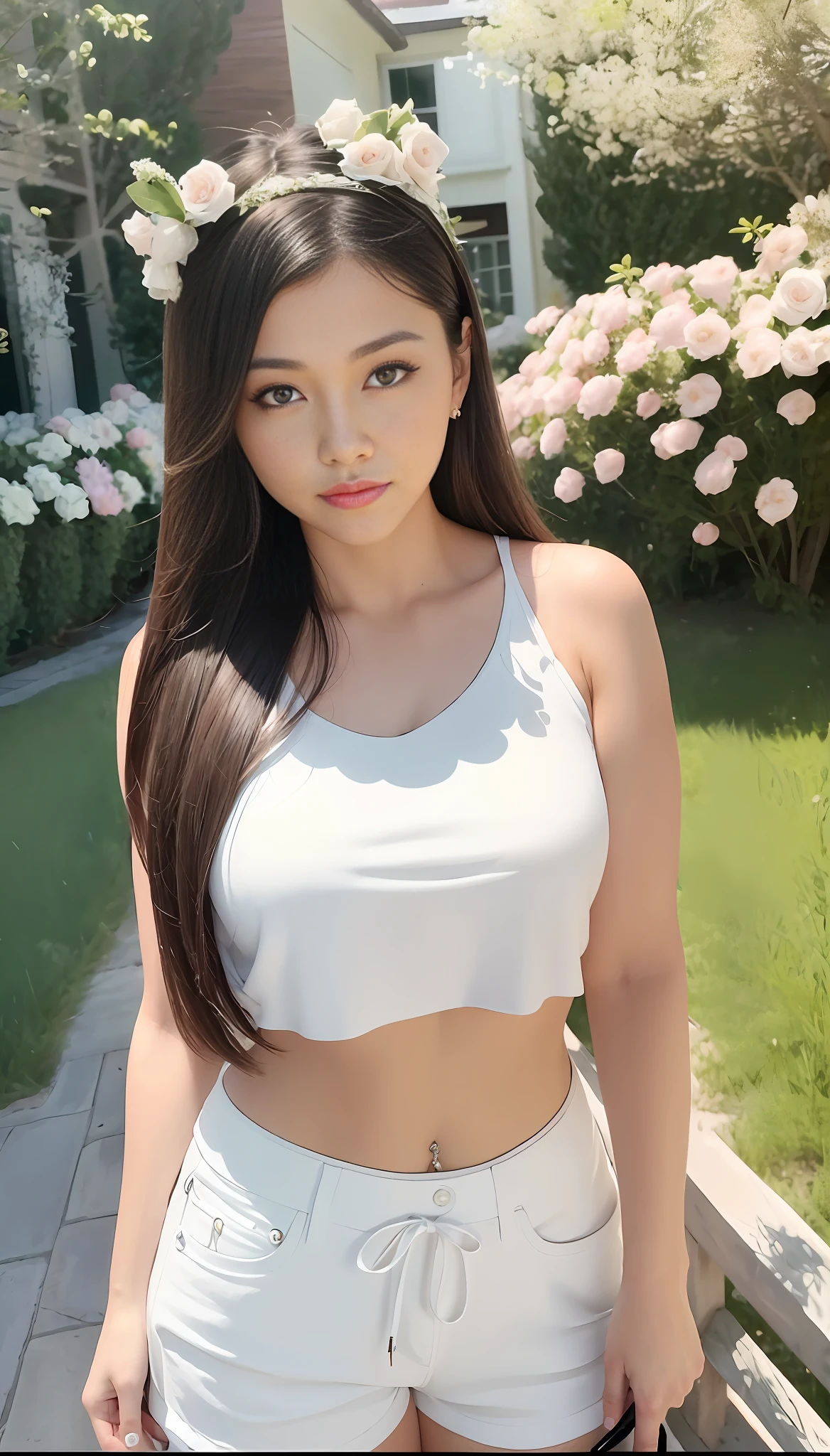 ((Best Quality, 8K, Masterpiece: 1.3)), (Flower Cap: 1.3), Focus: 1.2, Perfect Body Beauty: 1.4, Buttocks: 1.2, (Layered Haircut: 1.2)), (Dark Street: 1.3), Highly Detailed Face and Skin Texture, Full Body, Fine Eyes, Double Eyelids, Oversized Breasts, Whitened Skin, Long Hair, (Round Face: 1.5), (Shorts: 1.6)