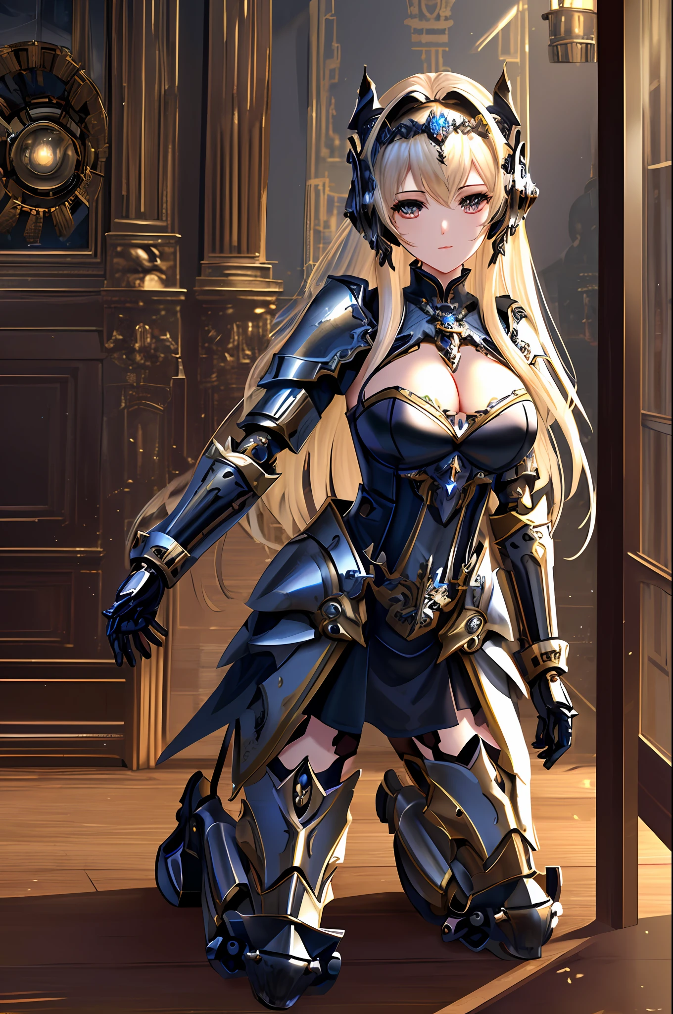 Top quality, masterpiece, masterpiece, highly detailed 8k wallpaper, ((transcendently beautiful face)), female knight android, cleavage, aside, absolute area, mini dress, mechanical circlet covered up to the ears, mechanical armor dress made of fine metal and gears, mechanical limbs made of fine metal and gears, ((kneeling)), indoors, inside the castle, majestic atmosphere,
