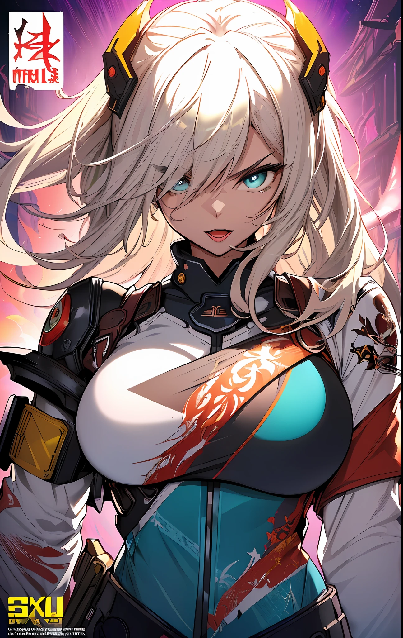 ((((spectacular))) ((heroic)) (((intense))),background, mixed-language_text, Japanese letters in graffit ,girls, excellent lighting, sidelighting, (), vhsKeeper,, style GUILTY GEAR -STRIVE perfect ultimate (flat color: 1.3), (magazine_cover: 1.4), (multicolored_background: 1.3), striped_background, card_background, :: comix style by joe madureira :: circular pieces of white metals glued to the arms coming out shimmering yellow glow, big breast , perfect and detailed, ultra detailed shirt with abstract design and with Japanese letter print in graphite of the sides of the clothing, image of full-body girls fighting next to you with powerful dragons versus alien creature full of tentacles, with immersive effects, hover effect, background style graffiti tribal tattoo with vibrant colors "HDR ultra" detailed and with focus effect, (masterpiece: 1.2, best quality), (finely detailed beautiful eyes: 1.2), , ((Solo)), (Finely detailed eyes and detailed face:1.3), in various full-body attack poses, (cute background: 1.2),futuristic costume, super detailed circular metals Grabbed at arms and pants, fantastic paintings, eyes absolutely, hyper detailed, highest resolution, hair covering eyes, beautiful face, open mouth with a soft pink lipstick, beautiful eyes, vibrant colors, night, digital art of the highest quality, stunning art, 4k,8k,64k wallpaper, HD, incomparable masterpiece, dynamic lighting, cinematic, epic