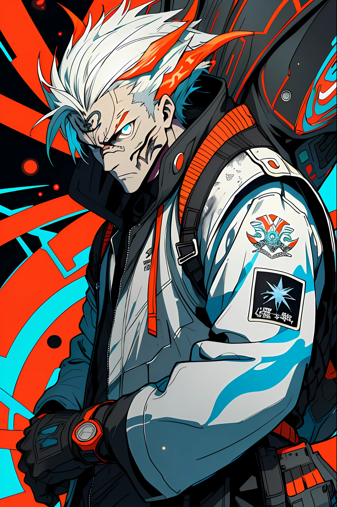 (grainy: 0.5), cinematic, girl, adult, space, serious, military pose, detailed face, detailed military equipment, volumetric lighting, isolation, horror, perfect anatomy, hyper-realistic, dark lighting, bioluminescent details, background, mixed-language_text, Japanese letters in graffit, boys, excellent lighting, sidelighting, (), vhsKeeper,, style GUILTY GEAR -STRIVE perfect ultimate (flat color: 1.3), (magazine_cover: 1.4), (multicolored_background: 1.3), striped_background, card_background, :: comix style by joe madureira :: circular pieces of white metals glued to the arms coming out shimmering yellow glow, , perfect and detailed, ultra detailed shirt with abstract design and with Japanese letters in graffit of the sides of the clothing, image of full-body boys fighting next to you with powerful dragons versus alien creature full of tentacles , with immersive effects, hover effect, background style graffiti tribal tattoo with vibrant colors "ultra hdr" detailed and with focus effect, (masterpiece: 1.2, best quality), (finely detailed beautiful eyes: 1.2), , ((Solo)), (Finely detailed eyes and detailed face: 1.3), in various full-body attack poses, (cute background: 1.2),futuristic costume, Super detailed circular metals Clinging to the arms and pants, fantastic paintings