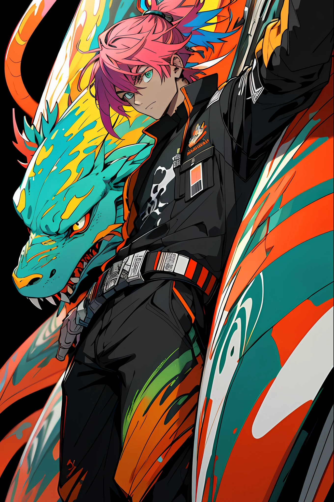 (grainy: 0.5), cinematic, girl, adult, space, serious, military pose, detailed face, detailed military equipment, volumetric lighting, isolation, horror, perfect anatomy, hyper-realistic, dark lighting, bioluminescent details, background, mixed-language_text, Japanese letters in graffit, boys, excellent lighting, sidelighting, (), vhsKeeper,, style GUILTY GEAR -STRIVE perfect ultimate (flat color: 1.3), (magazine_cover: 1.4), (multicolored_background: 1.3), striped_background, card_background, :: comix style by joe madureira :: circular pieces of white metals glued to the arms coming out shimmering yellow glow, , perfect and detailed, ultra detailed shirt with abstract design and with Japanese letters in graffit of the sides of the clothing, image of full-body boys fighting next to you with powerful dragons versus alien creature full of tentacles , with immersive effects, hover effect, background style graffiti tribal tattoo with vibrant colors "ultra hdr" detailed and with focus effect, (masterpiece: 1.2, best quality), (finely detailed beautiful eyes: 1.2), , ((Solo)), (Finely detailed eyes and detailed face: 1.3), in various full-body attack poses, (cute background: 1.2),futuristic costume, Super detailed circular metals Clinging to the arms and pants, fantastic paintings