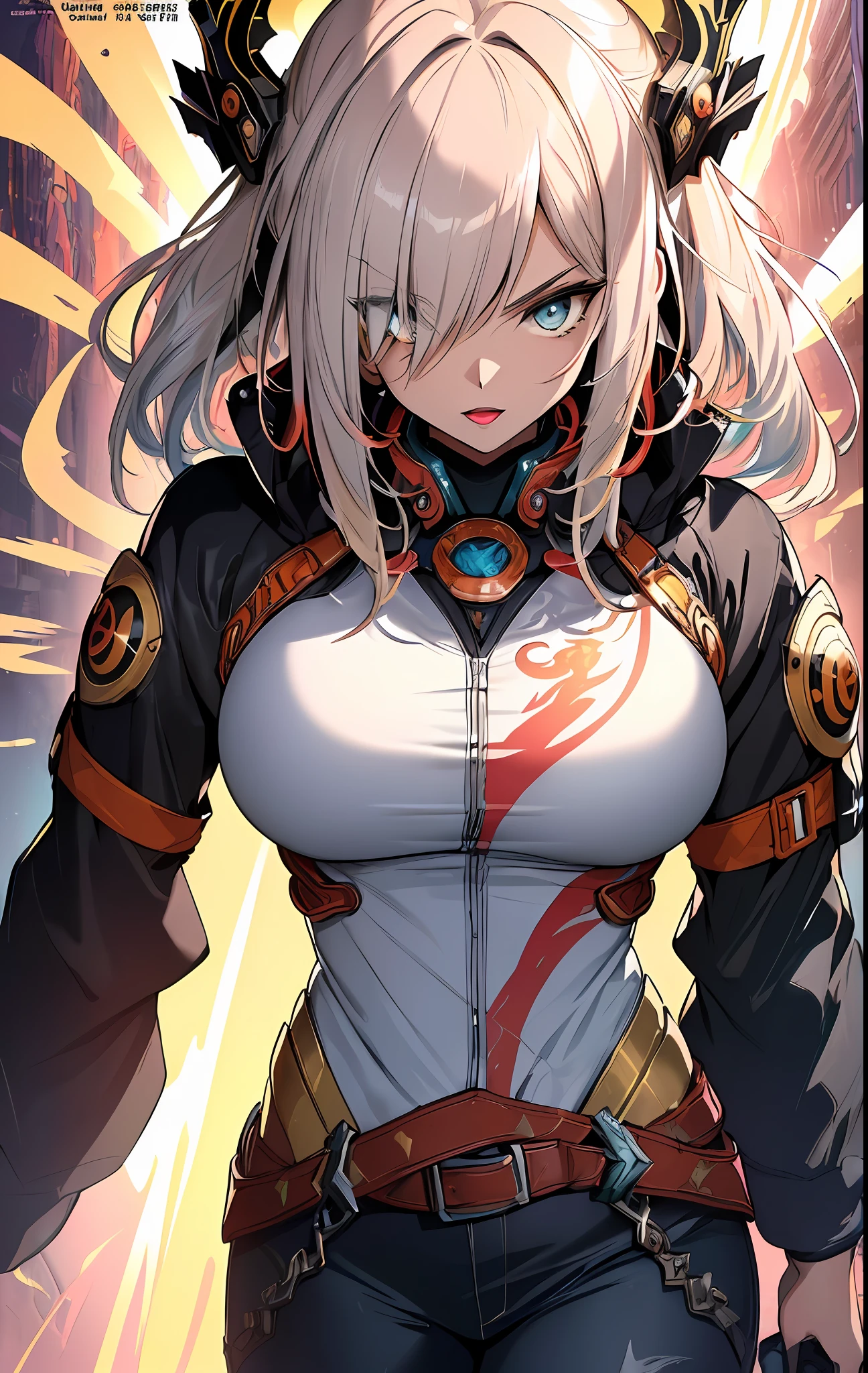 ((((spectacular))) ((heroic)) (((intense))),background, mixed-language_text, Japanese letters in graffit ,girls, excellent lighting, sidelighting, (), vhsKeeper,, style GUILTY GEAR -STRIVE perfect ultimate (flat color: 1.3), (magazine_cover: 1.4), (multicolored_background: 1.3), striped_background, card_background, :: comix style by joe madureira :: circular pieces of white metals glued to the arms coming out shimmering yellow glow, big breast , perfect and detailed, ultra detailed shirt with abstract design and with Japanese letter print in graphite of the sides of the clothing, image of full-body girls fighting next to you with powerful dragons versus alien creature full of tentacles, with immersive effects, hover effect, background style graffiti tribal tattoo with vibrant colors "HDR ultra" detailed and with focus effect, (masterpiece: 1.2, best quality), (finely detailed beautiful eyes: 1.2), , ((Solo)), (Finely detailed eyes and detailed face:1.3), in various full-body attack poses, (cute background: 1.2),futuristic costume, super detailed circular metals Grabbed at arms and pants, fantastic paintings, eyes absolutely, hyper detailed, highest resolution, hair covering eyes, beautiful face, open mouth with a soft pink lipstick, beautiful eyes, vibrant colors, night, digital art of the highest quality, stunning art, 4k,8k,64k wallpaper, HD, incomparable masterpiece, dynamic lighting, cinematic, epic