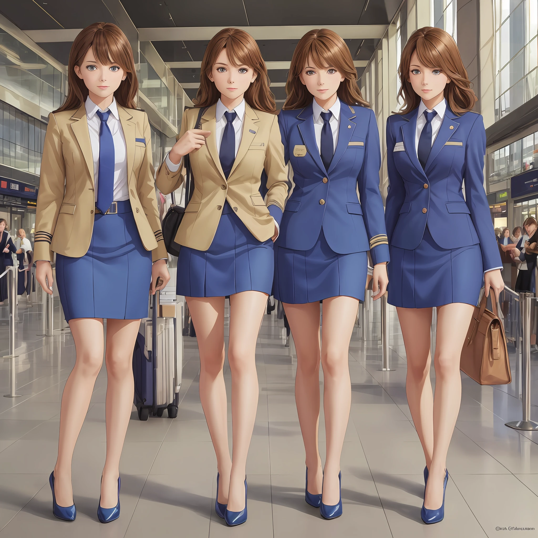 {{Mature female, caucasian}}, looking at viewer, hazel eyes, extremely detailed, medium breasts, brown hair, airport, flight attendant, uniform, blue blazer, necktie, blue skirt, medium skirt, blue high heels, happy, best quality, high quality, extremely detailed anime screencap, {{{{crowded, multiple girls, thousands of sisters, millions of sisters,billions of sisters, clone, doppelganger, matching outfit, matching hairstyle}}}}, full body