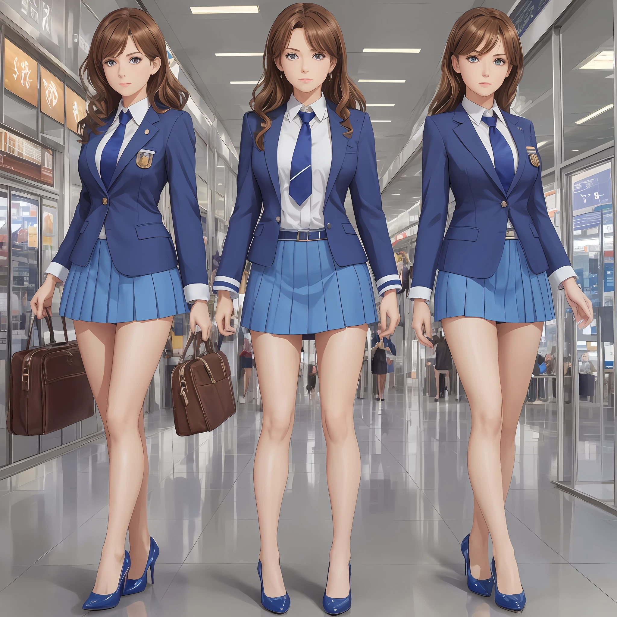 {{Mature female, caucasian}}, looking at viewer, hazel eyes, extremely detailed, medium breasts, brown hair, airport, flight attendant, uniform, blue blazer, necktie, blue skirt, medium skirt, blue high heels, happy, best quality, high quality, extremely detailed anime screencap, {{{{crowded, multiple girls, thousands of sisters, millions of sisters,billions of sisters, clone, doppelganger, matching outfit, matching hairstyle}}}}, full body