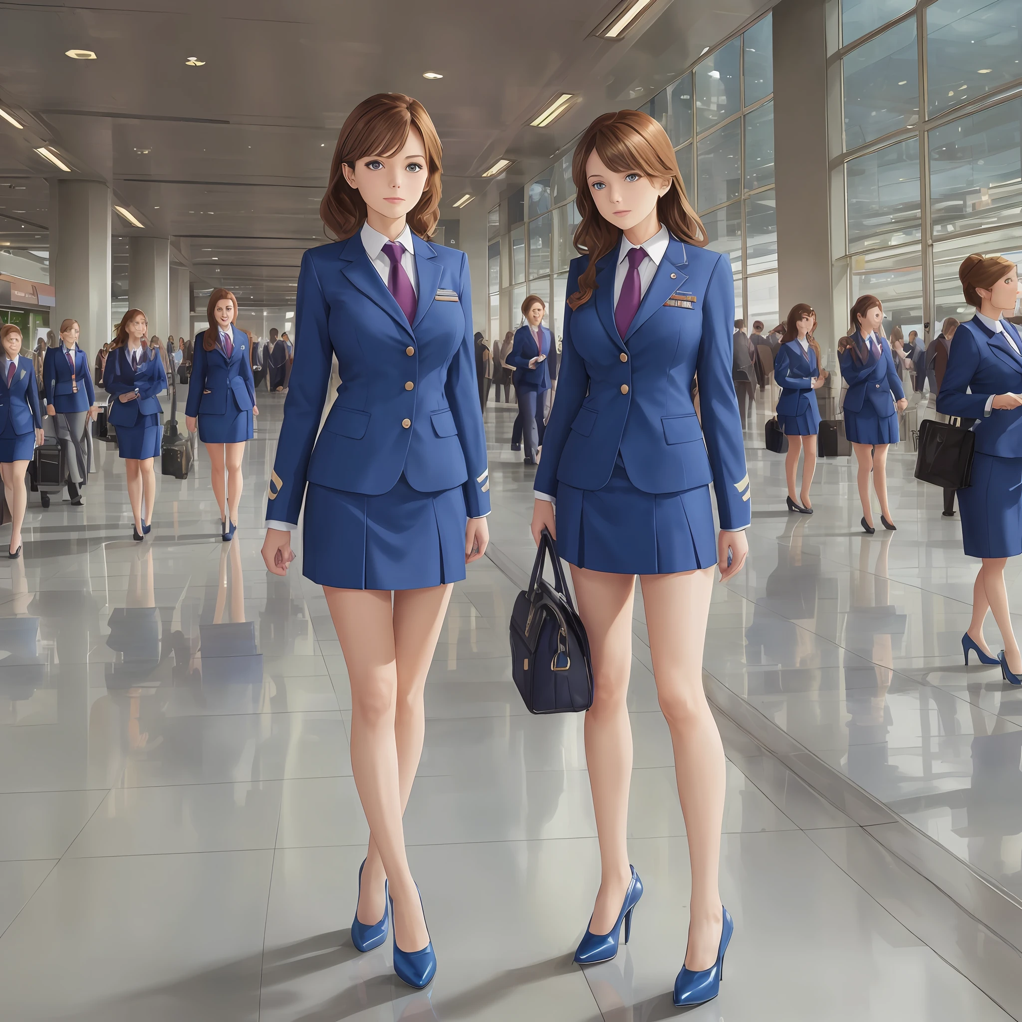 {{Mature female, caucasian}}, looking at viewer, hazel eyes, extremely detailed, medium breasts, brown hair, airport, flight attendant, uniform, blue blazer, necktie, blue skirt, medium skirt, blue high heels, happy, best quality, high quality, extremely detailed anime screencap, {{{{crowded, multiple girls, thousands of sisters, millions of sisters,billions of sisters, clone, doppelganger, matching outfit, matching hairstyle}}}}, full body