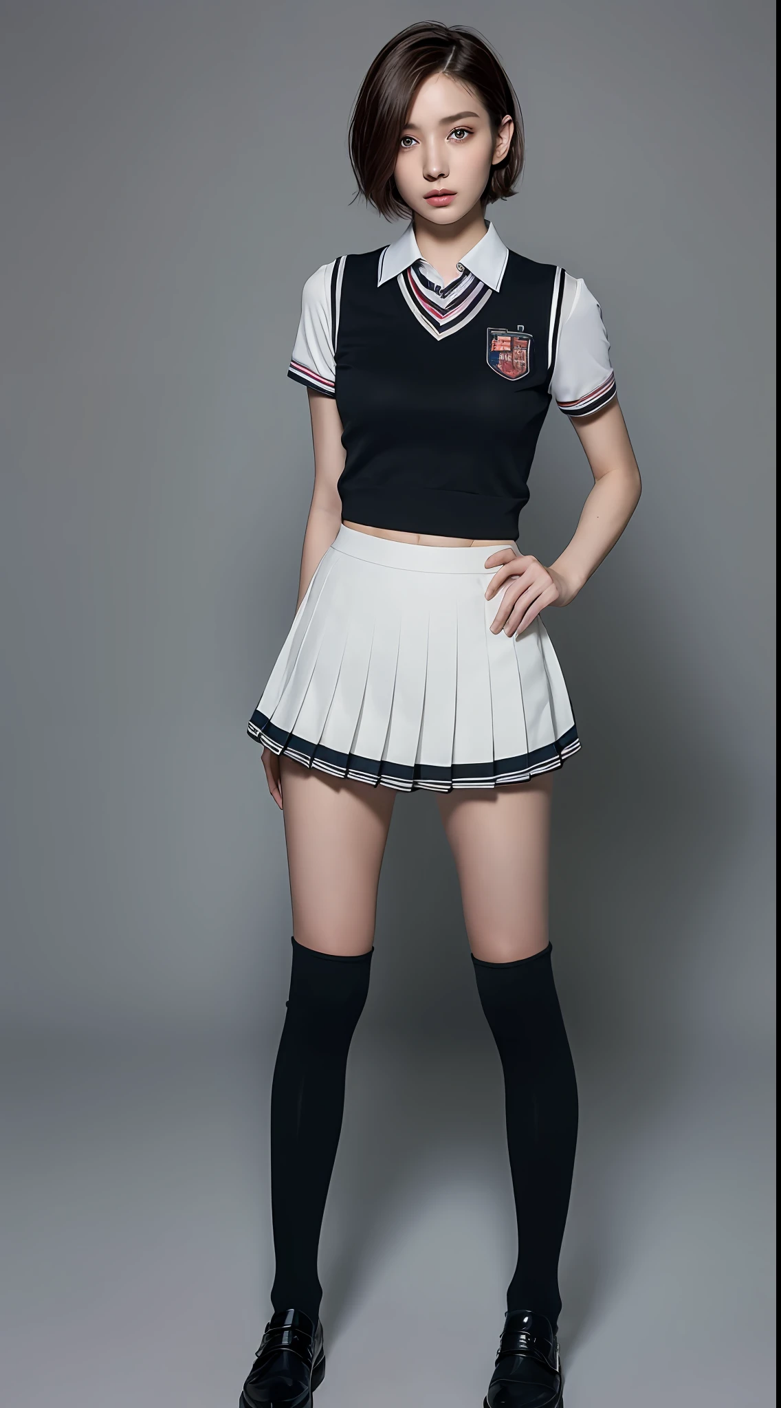 ((Top Quality, 8k, Masterpiece: 1.3)), 1 girl, Beauty with slender abs: 1.3, (Medium Short Hair, Big: 1.2), Uniform: 1.1, Ultra Detailed Face, Detailed Eyes, Double Eyelids, Black Pleated Skirt, Full Body, Navel, Knee High Socks