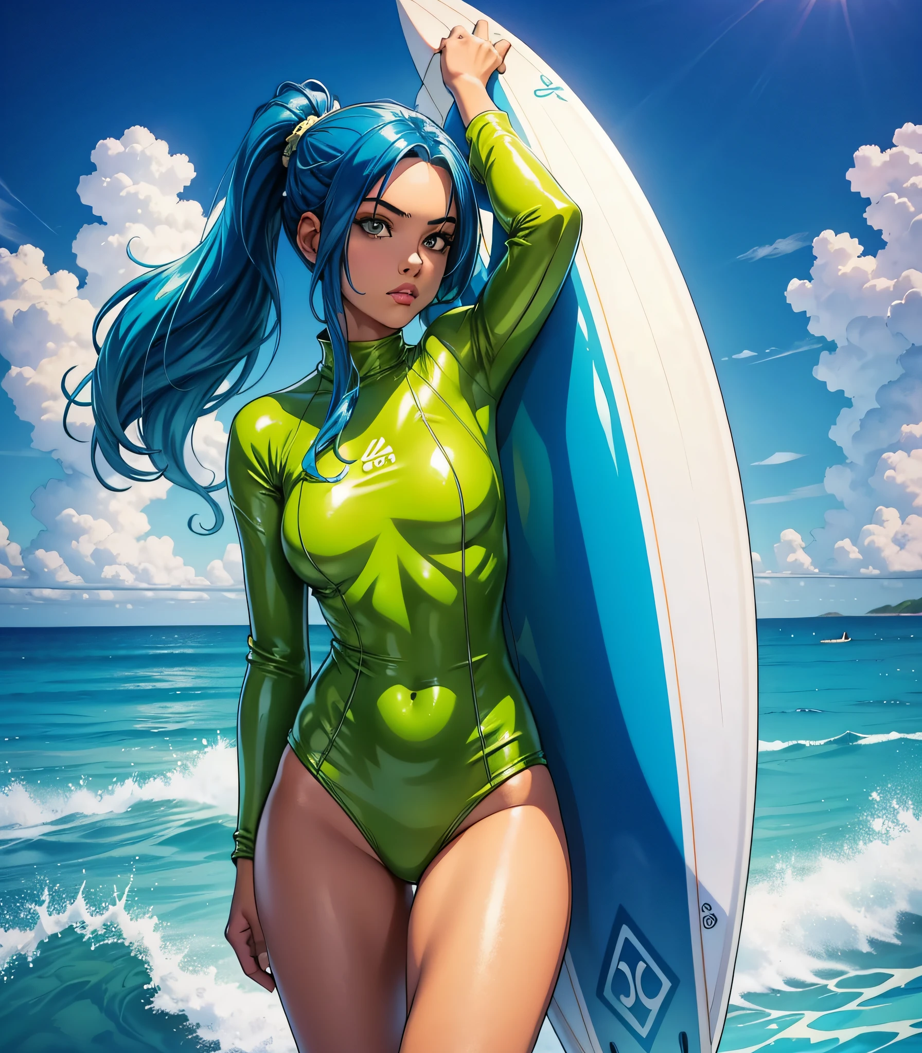 Slime girl, (slime) Slime hair Surfer hair style, Persian blue , surfer outfit, surfboard, Masterpiece, Best Quality