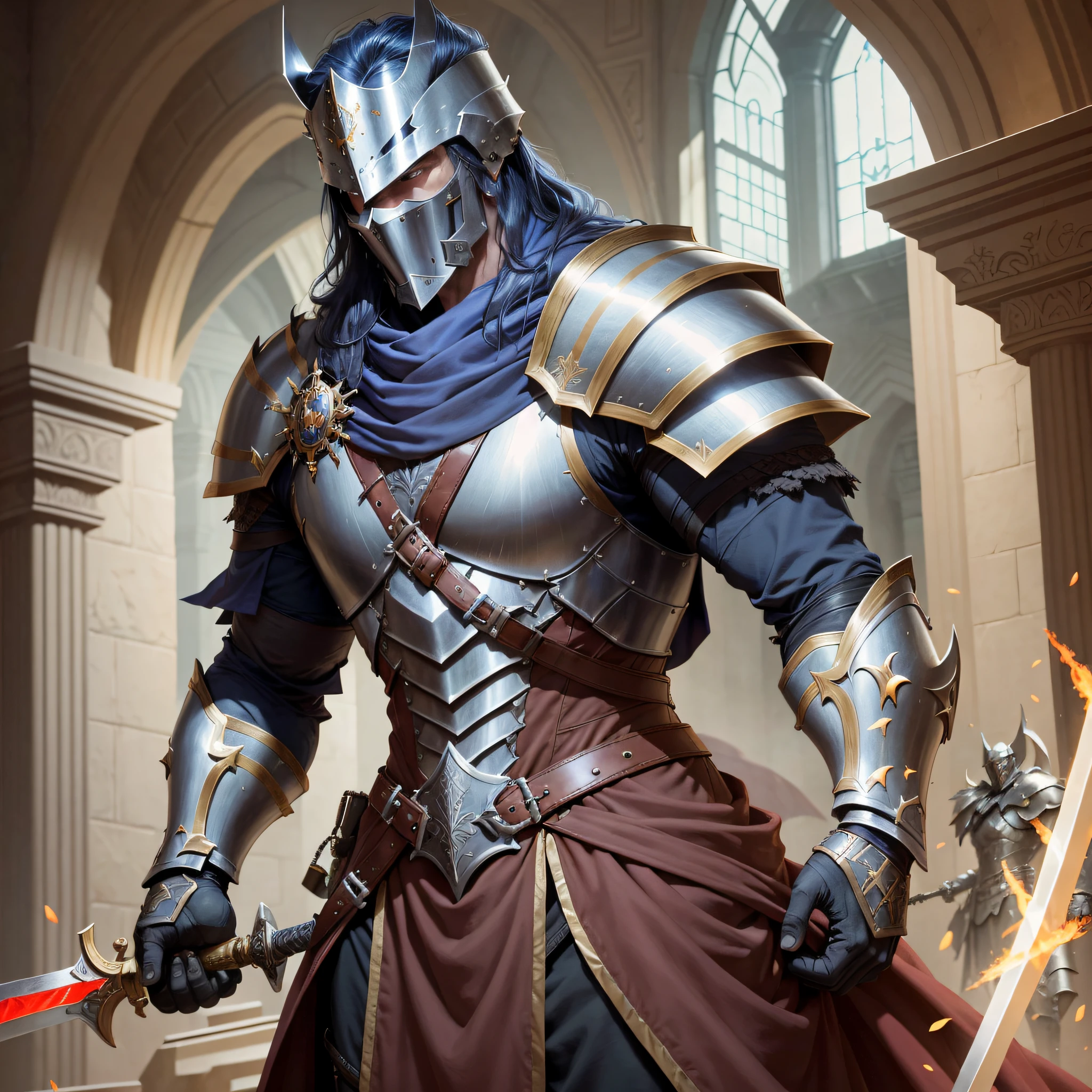 Name: Sir Roland the Purifier

Description:
Sir Roland is an imposing paladin, dressed in full armor and holding a powerful sword. He personifies justice and righteousness, being a legendary figure in the battle against evil. His appearance reflects his strength and determination, shrouded in an air of mystery and power.

Head:
Sir Roland's helmet is adorned with Gothic details and has an intimidating design. The visor is carved with flame motifs and sinister eyes, conveying the fury of a tireless fighter. His eyes glow with a divine light, revealing his connection to magical powers.

Body:
Sir Roland's armour is a combination of heavy metal plates and Gothic ornaments. His breastplate features carved details of dragons, sacred symbols, and intricate patterns. A long, black cape flows majestically down her back, adding a touch of mystery and drama to her look.

Arms and Hands:
Its arms are protected by thick and detailed metal plates, indicating its strength and fortitude. His hands are wrapped in reinforced leather gloves, which provide a firm grip on his sacred sword.

Legs:
Sir Roland's legs are wrapped in heavy metal leggings, providing robust protection and demonstrating his resilience. Sturdy leather boots cover your feet, allowing for agile and stable movements on the battlefield.

Additional Details:
In addition to the powerful sword he wields, Sir Roland also carries with him a shield adorned with sacred symbols and protective runes. Sacred amulets and medallions hang from his belt, demonstrating his devotion to his divine cause.

Sir Roland is known as the Purifier, a paladin feared by the followers of evil. His mission is to protect the innocent, defeat the forces of darkness, and restore peace wherever he goes. His attacks are charged with divine magic, and his determination is unwavering. Sir Roland is a ruthless warrior, commanding r