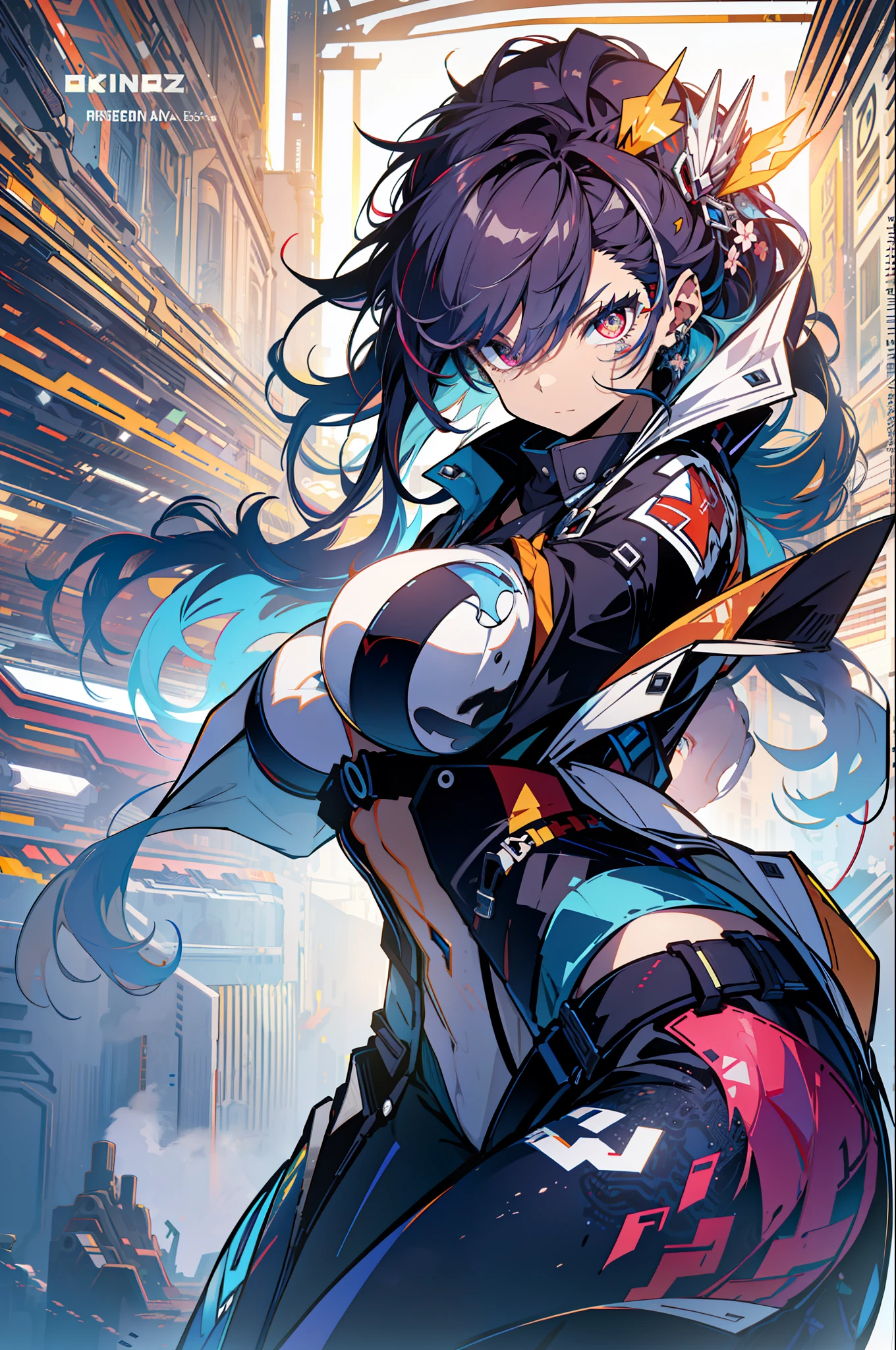 background, language_text, Japanese letters in graffit, girls, long black hair, excellent lighting, sidelighting, (), vhsKeeper,, style GUILTY GEAR -STRIVE perfect ultimate (flat color: 1.3), (magazine_cover: 1.4), (multicolored_background: 1.3), striped_background, card_background, :: comix style by joe madureira :: circular pieces of white metals glued to the ultra detailed arms coming out sparkling shine, , perfect and detailed, ultra detailed shirt with abstract design and with print of Japanese letters in graffit of the sides of the clothes, image of girls with big breast, on top of a futuristic motorcycle, with immersive effects, hover effect, background graffiti style tribal tattoo with vibrant colors "HDR ultra" detailed and with focus effect, (masterpiece: 1.2, best quality), (beautiful eyes with huge eyelashes finely detailed: 1.2), , ((Solo)), (Finely detailed eyes and detailed face :1.3), in various full-body attack poses, (cute background: 1.2),futuristic costume, super detailed circular metals Clinging to arms and pants, fantastic paintings