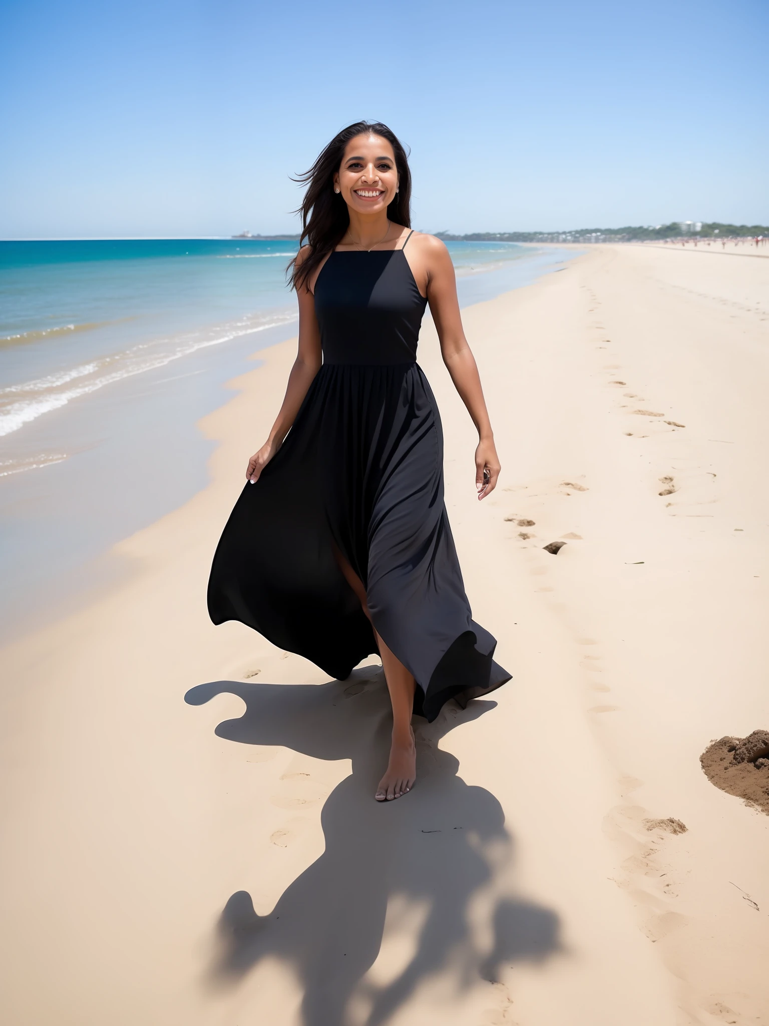 Brazilian woman landing in black dress on a northeastern beach on a sunny day and blue sky