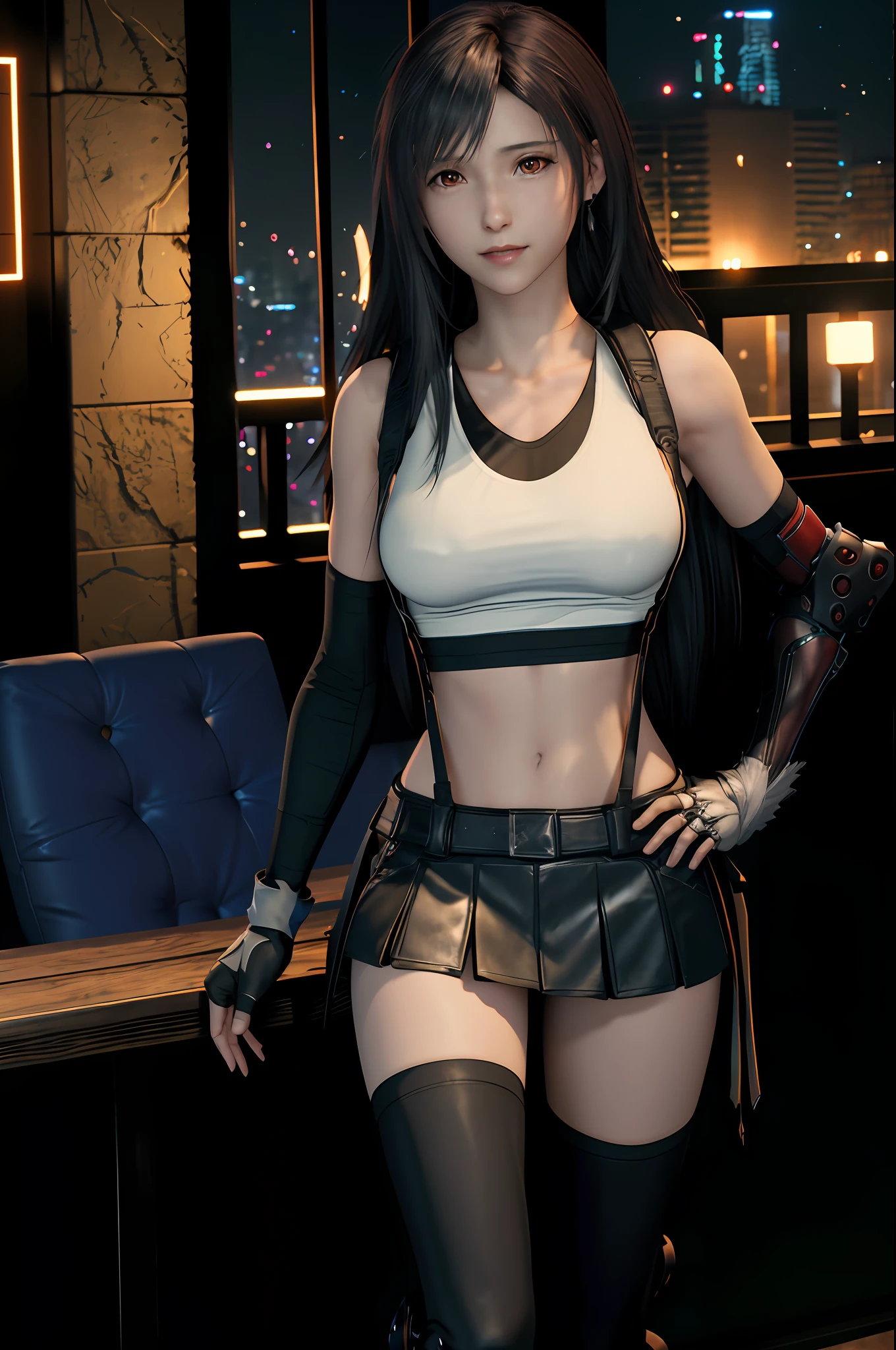 (8K, Best Quality, Masterpiece: 1.2), (Realistic, Photorealistic: 1.37), Super Detail, One Girl, Cute, Solo, (Tifa Lockhart), (Small Breasts), (Beautiful Eyes), (Smile: 1.2), (Closed), Erotic Pose, Dance, Neon, Cityscape, Depth of Field, Dark Strong Shadows, Sharp Focus, Car, Motion Blur, Motorbike, depth of field, composition, glowing green, final fantasy vii, date, (nose brush), single elbow pads, ankle boots, black hair, black skirt, black thighs, red boots, elbow gloves, elbow pads, fingerless gloves, taut shirt, sports bra, (suspender black skirt), thigh, white tank top, full body, headrest, lips, beautiful face, low tie long hair, (red_eyes)), yellow flowers, (night: 1.3), complex, bokeh, cinematic lighting, photon mapping, radiosity, physically based rendering, (Tetsuya Nomura style)