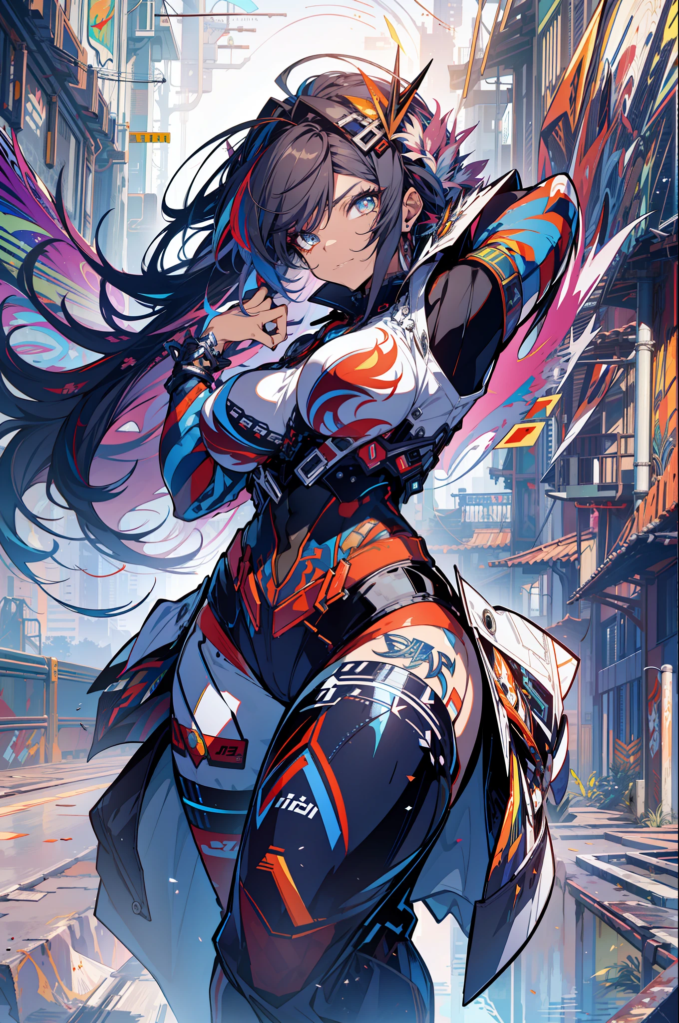 background, language_text, Japanese letters in graffit, girls, long black hair, excellent lighting, sidelighting, (), vhsKeeper,, style GUILTY GEAR -STRIVE perfect ultimate (flat color: 1.3), (magazine_cover: 1.4), (multicolored_background: 1.3), striped_background, card_background, :: comix style by joe madureira :: circular pieces of white metals glued to the ultra detailed arms coming out sparkling shine, , perfect and detailed, ultra detailed shirt with abstract design and with print of Japanese letters in graffit of the sides of the clothes, image of girls with big breast, on top of a futuristic motorcycle, with immersive effects, hover effect, background graffiti style tribal tattoo with vibrant colors "HDR ultra" detailed and with focus effect, (masterpiece: 1.2, best quality), (beautiful eyes with huge eyelashes finely detailed: 1.2), , ((Solo)), (Finely detailed eyes and detailed face :1.3), in various full-body attack poses, (cute background: 1.2),futuristic costume, super detailed circular metals Clinging to arms and pants, fantastic paintings