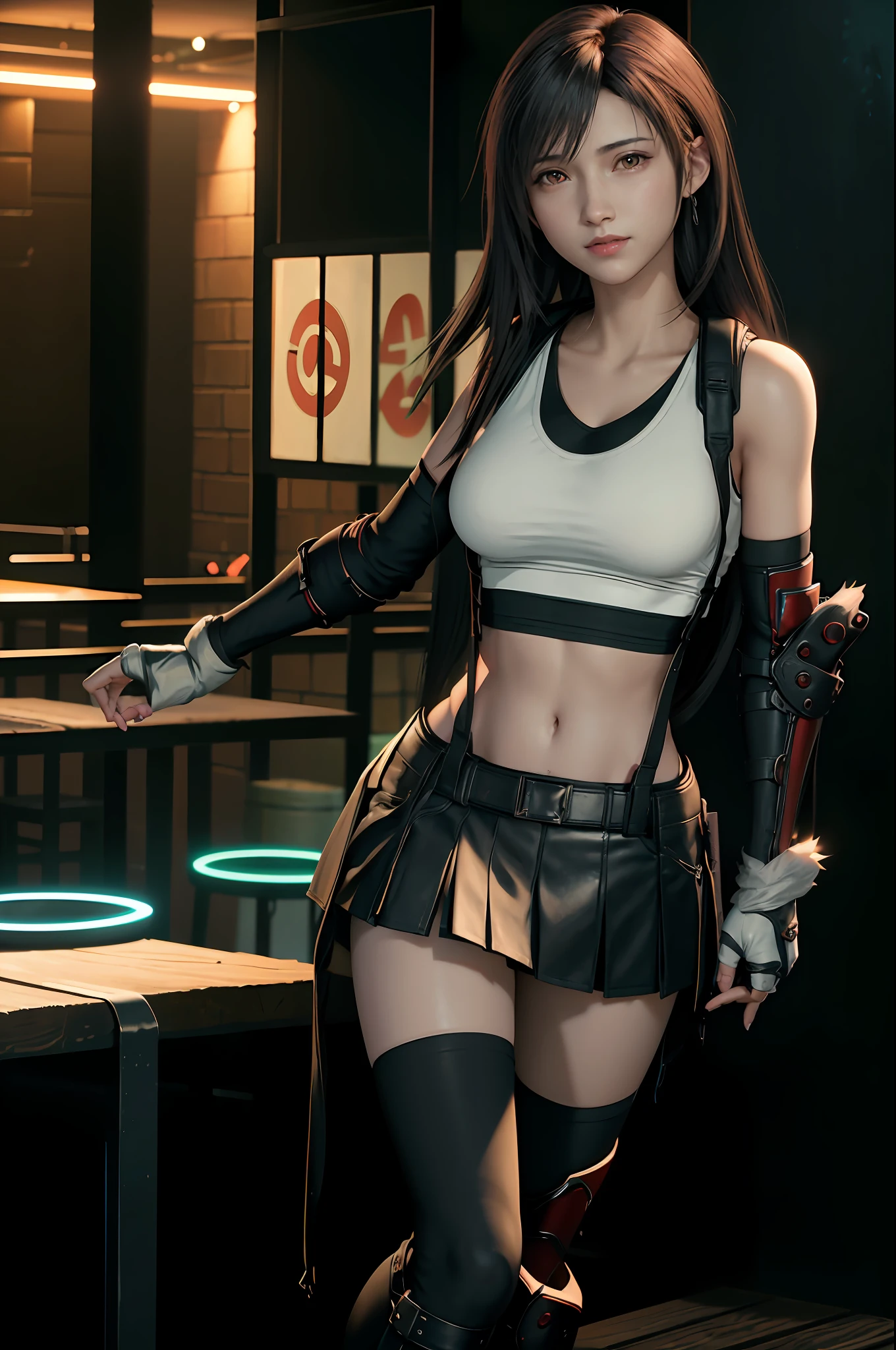(8K, Best Quality, Masterpiece: 1.2), (Realistic, Photorealistic: 1.37), Super Detail, One Girl, Cute, Solo, (Tifa Lockhart), (Small Breasts), (Beautiful Eyes), (Smile: 1.2), (Closed), Erotic Pose, Dance, Neon, Cityscape, Depth of Field, Dark Strong Shadows, Sharp Focus, Car, Motion Blur, Motorbike, depth of field, composition, glowing green, final fantasy vii, date, (nose brush), single elbow pads, ankle boots, black hair, black skirt, black thighs, red boots, elbow gloves, elbow pads, fingerless gloves, taut shirt, sports bra, (suspender black skirt), thigh, white tank top, full body, headrest, lips, beautiful face, low tie long hair, (red_eyes)), yellow flowers, (night: 1.3), complex, bokeh, cinematic lighting, photon mapping, radiosity, physically based rendering, (Tetsuya Nomura style)