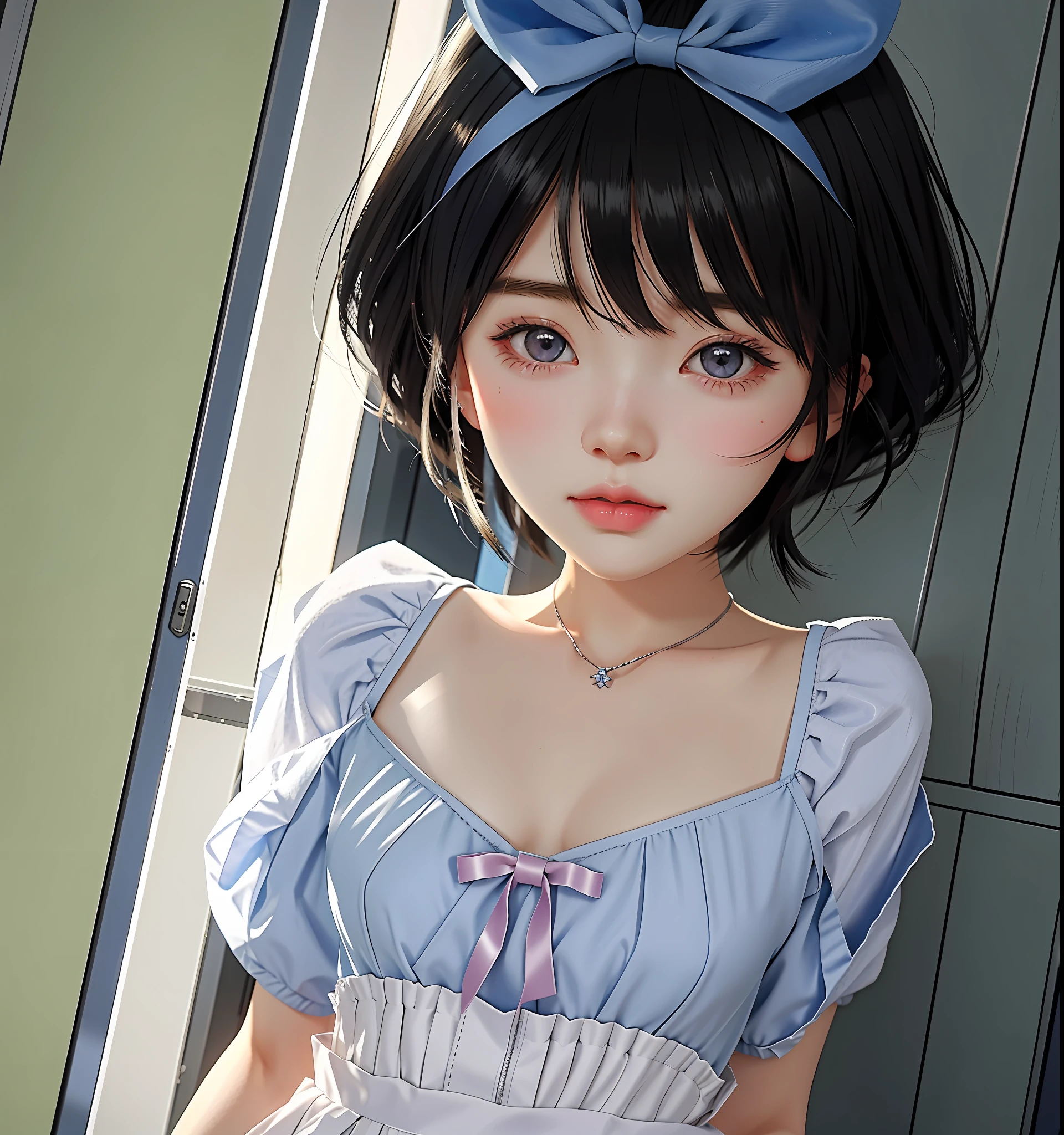 anime girl with a blue bow in her hair, anime moe artstyle, ilya kuvshinov. 4 k, seductive anime girl, loli in dress, ilya kuvshinov style, ( ilya kuvshinov ), in an anime style, digital anime art!!, clean detailed anime art, with short hair, digital anime illustration, 🤤 girl portrait