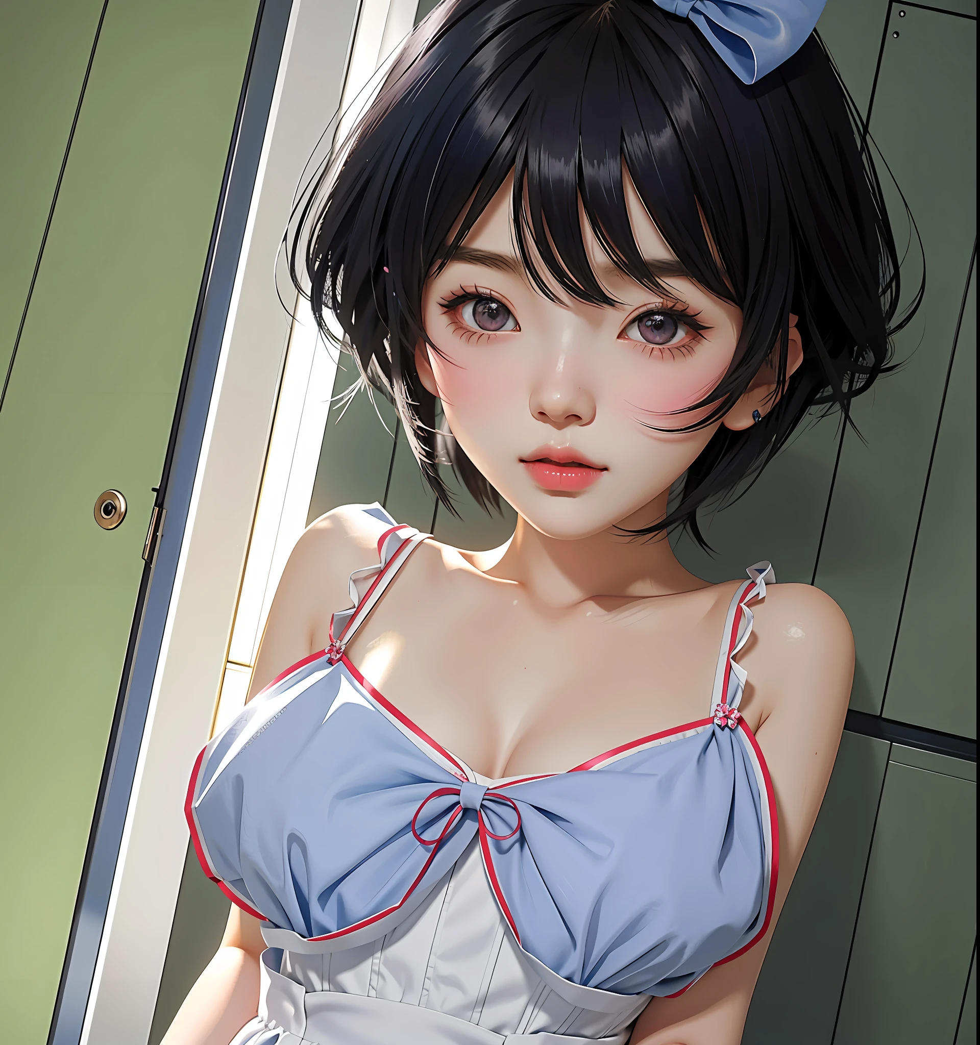 anime girl with a blue bow in her hair, anime moe artstyle, ilya kuvshinov. 4 k, seductive anime girl, in dress, ilya kuvshinov style, ( ilya kuvshinov ), in an anime style, digital anime art!!, clean detailed anime art, with short hair, digital anime illustration, 🤤 girl portrait