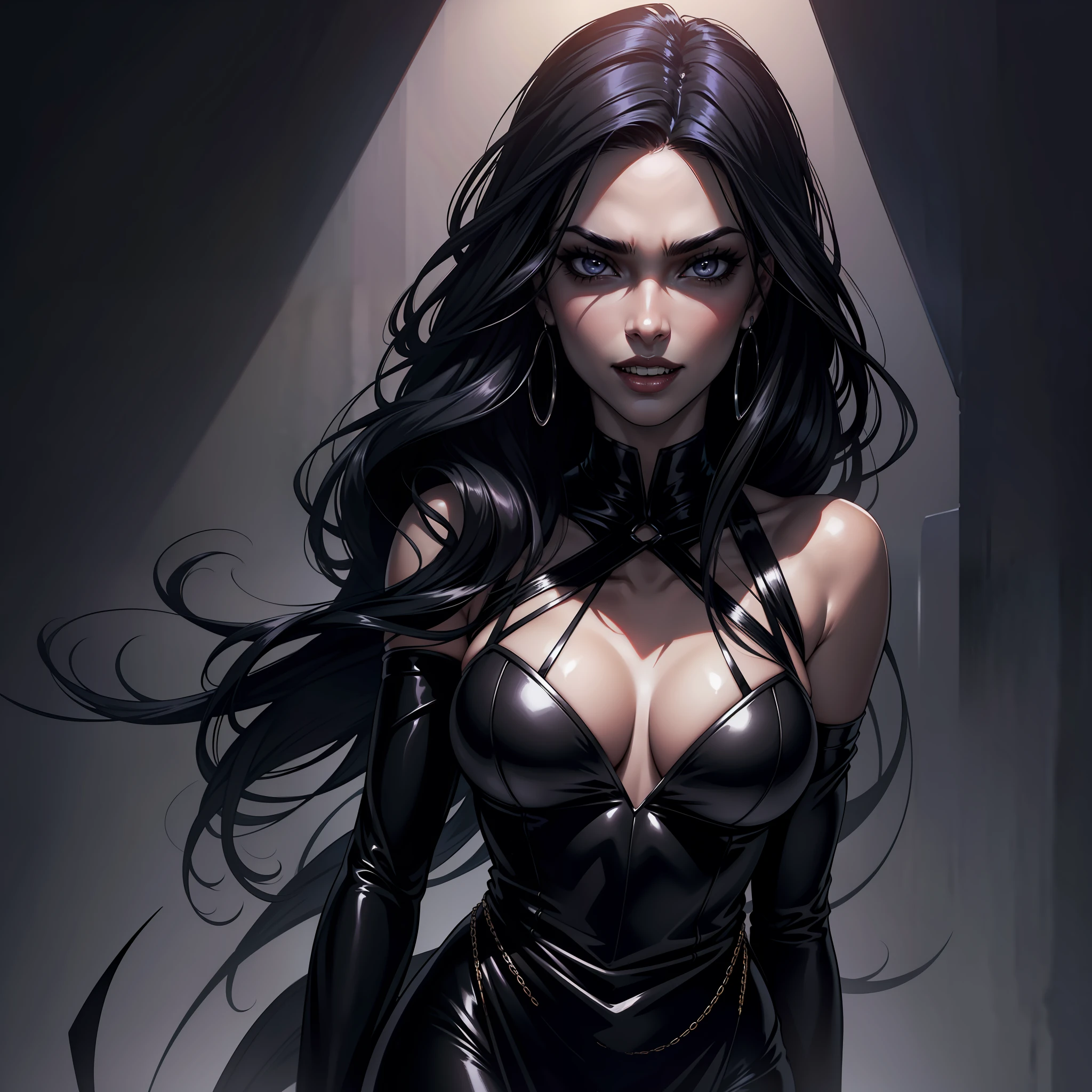 (extremely detailed 8k wallpaper), dark theme, Vampire the Masquerade, modern horror, 2020s, beautiful adult woman, wearing gorgeous shiny party dress, expensive jewelry, sharp focus, (subsurface scattering:1.1), award-winning photography, centered face, face of top model Adriana Lima, vampire fangs on display, half fetish, ((a Toreador vampire)), half-body photo:1.1, long black hair pinned, supernatural gray eyes:1.2, gorgeous smile, posing for a gala, dramatic lighting