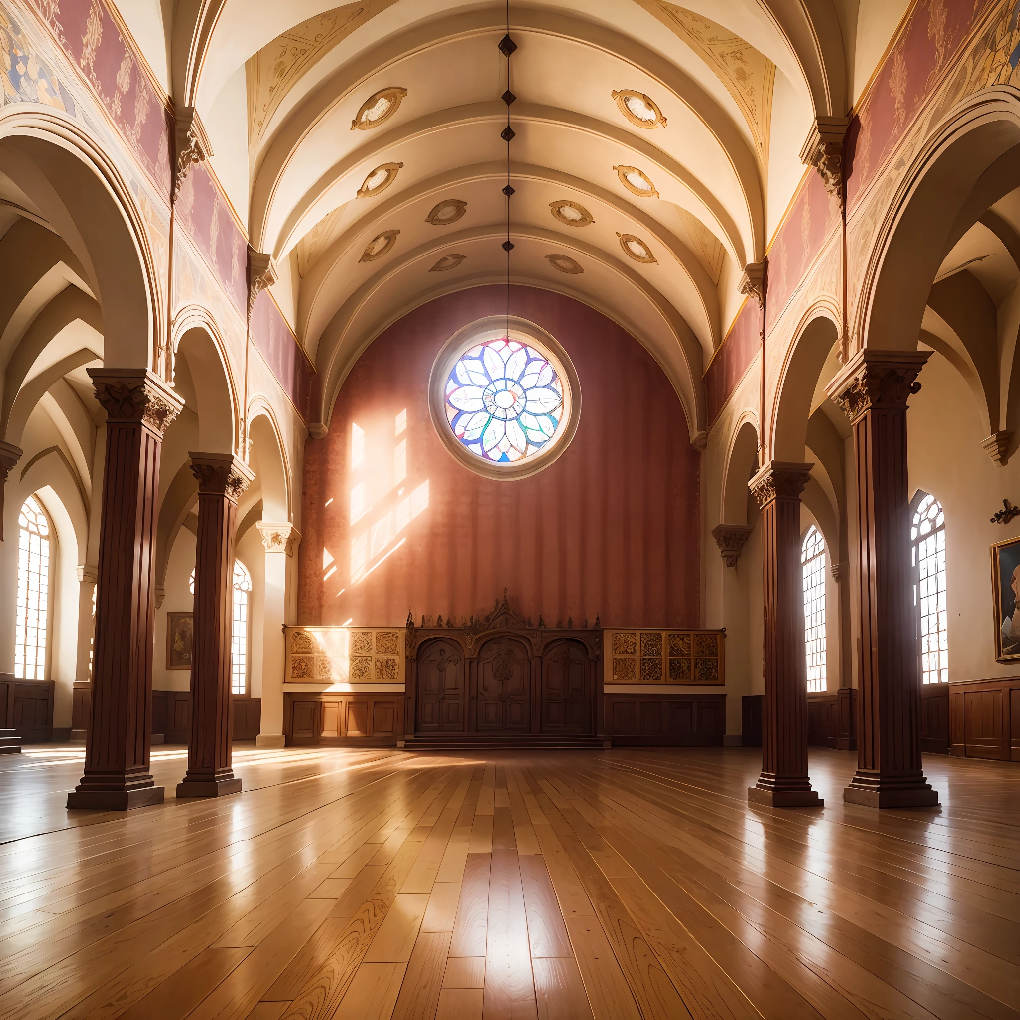 dance hall of a castle in spain, with stained glass windows --auto --s2