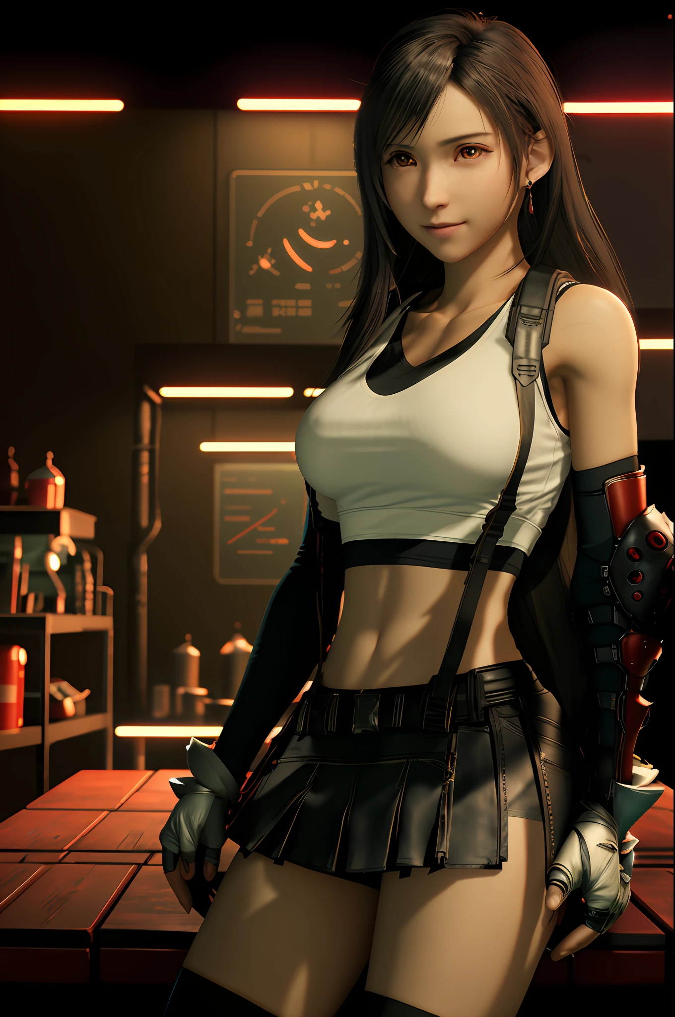 (8K, Best Quality, Masterpiece: 1.2), (Realistic, Photorealistic: 1.37), Super Detail, One Girl, Cute, Solo, (Tifa Lockhart), (Small Breasts), (Beautiful Eyes), (Smile: 1.2), (Closed), Neon, Cityscape, Depth of Field, Dark Strong Shadows, Sharp Focus, Car, Motion Blur, Motorcycle, Depth of Field, Composition, Green glowing light, Final Fantasy VII, date, (nose brush), single elbow pads, ankle boots, black hair, black skirt, black thighs, red boots, elbow gloves, elbow pads, fingerless gloves, taut shirt, sports bra, (suspender black skirt), thigh, white tank top, full body, headrest, lips, beauty face, Lothai Long Hair, (red_eyes)), Yellow Flowers, (Night: 1.3), Complex, Bokeh, Cinematic Lighting, Photon Mapping, Radiosity, Physically Based Rendering, (Tetsuya Nomura Style), Eyeballs Brown,