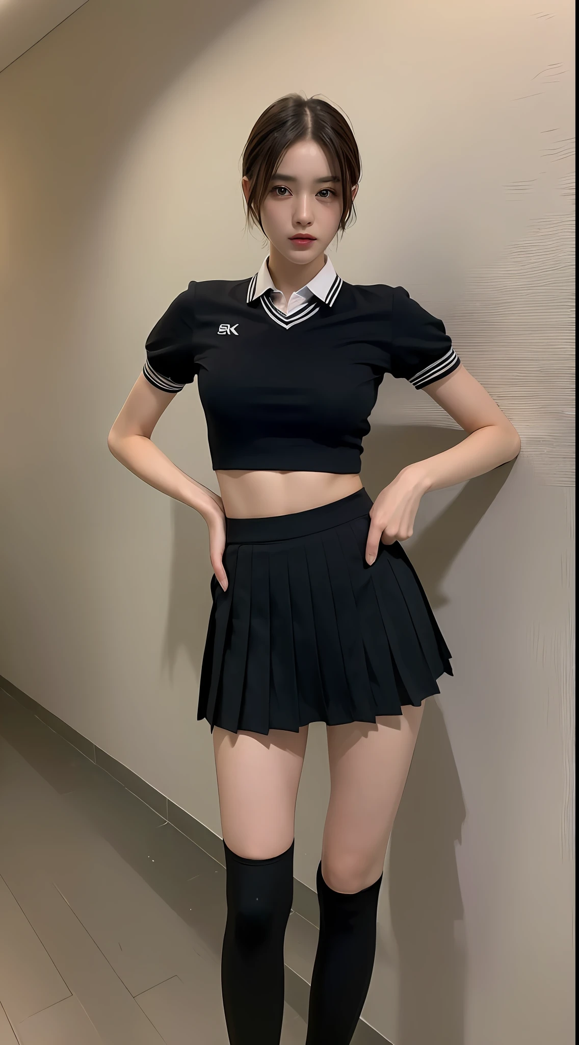 ((Top Quality, 8k, Masterpiece: 1.3)), 1 girl, Beauty with slender abs: 1.3, (Medium Short Hair, Big: 1.2), Uniform: 1.1, Ultra Detailed Face, Detailed Eyes, Double Eyelids, Black Pleated Skirt, Full Body, Navel, Knee High Socks