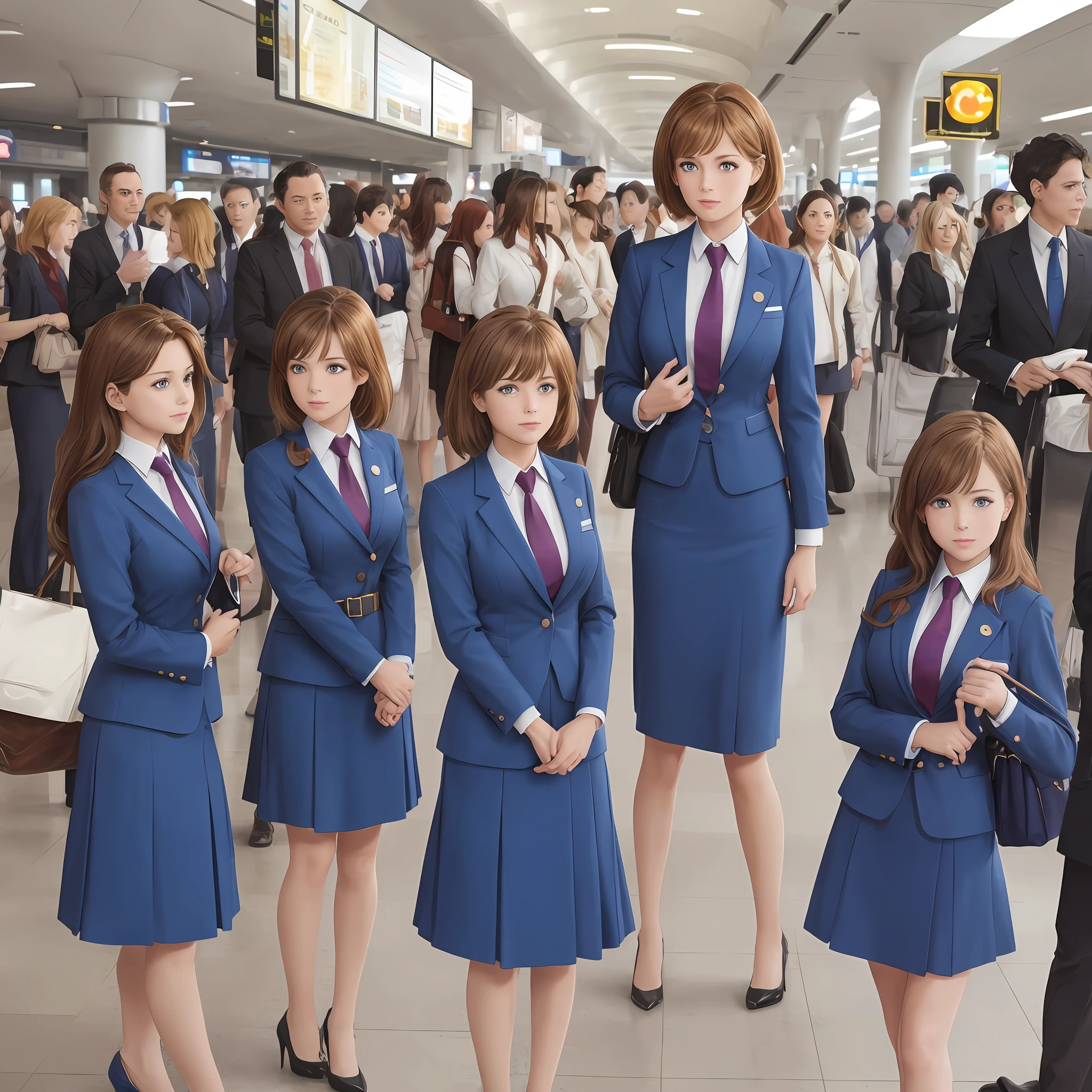 {{Mature female, caucasian}}, looking at viewer, hazel eyes, extremely detailed, medium breasts, brown hair, airport, flight attendant, uniform, blue blazer, necktie, blue skirt, medium skirt, blue high heels, happy, best quality, high quality, extremely detailed anime screencap, {{{{crowded, multiple girls, thousands of sisters, millions of sisters,billions of sisters, clone, doppelganger, matching outfit, matching hairstyle}}}}, full body
