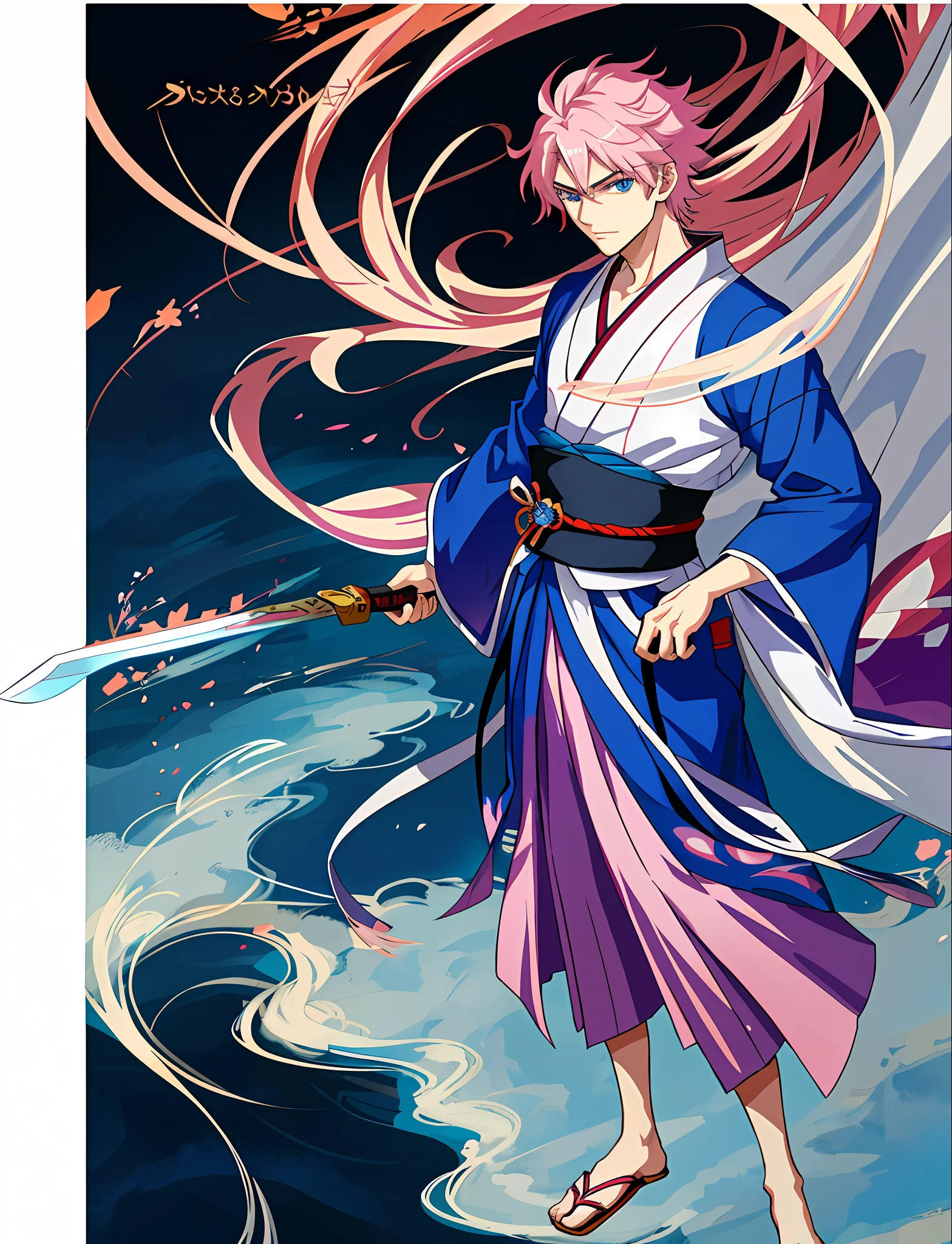 anime - style image of a kid with a sword in his hand, anime character, handsome guy in demon slayer art, inspired by Kamisaka Sekka, as an anime character, tall anime guy with blue eyes, official art, male anime character, anime drawing of a kid with blue hair and a pink kimono, ((wearing aristocrat robe)), pale and coloured kimono, flowing sakura-colored silk, full body close-up shot, flowing sakura silk, wearing a haori, in kimono, !!full body portrait!!, full body details, handsome anime pose