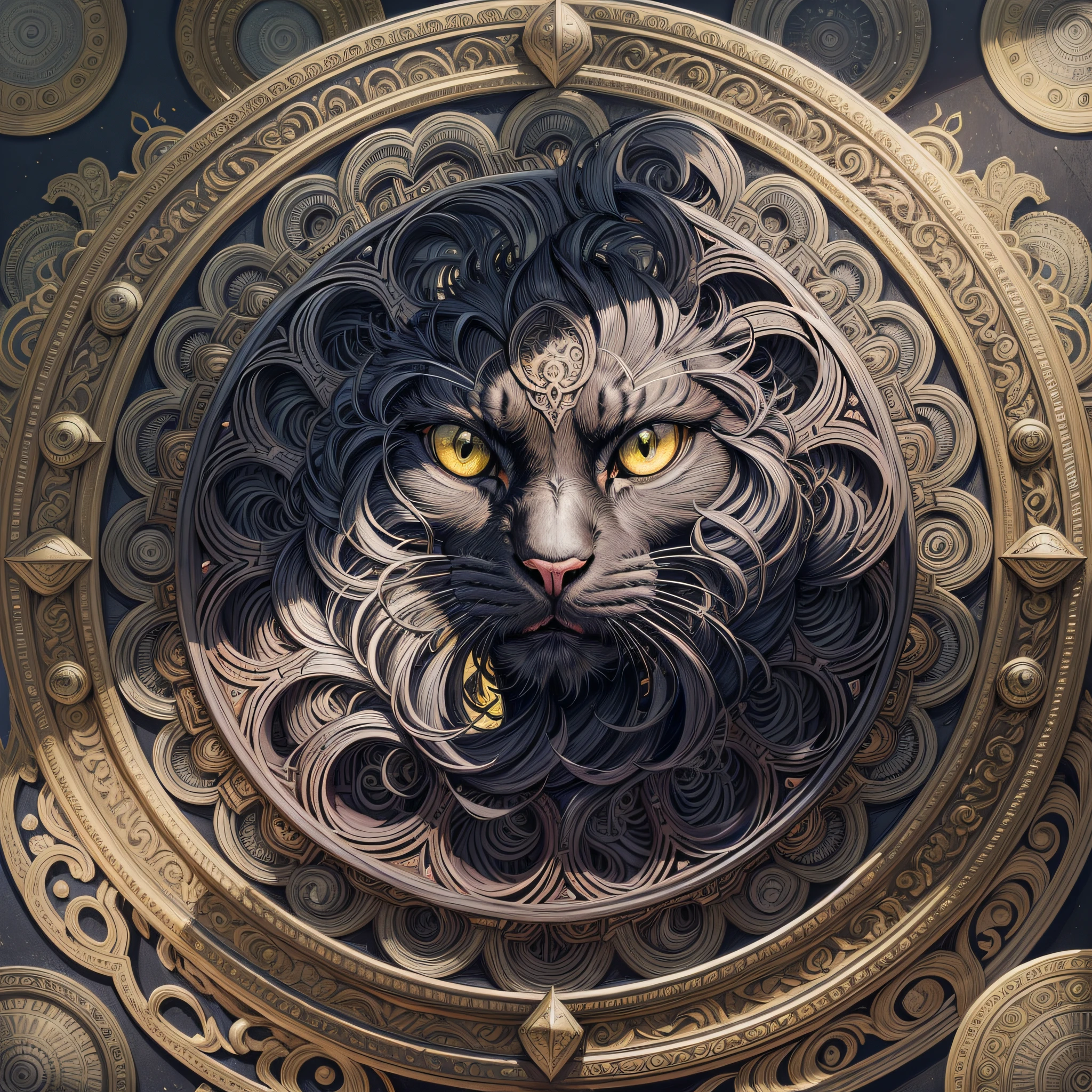 a colorful drawing of a black cat in a circular frame, highly detailed and hypnotic, symmetrical and detailed, intricate detailed digital art, highly detailed, highly detailed and ornate line, --auto --s2