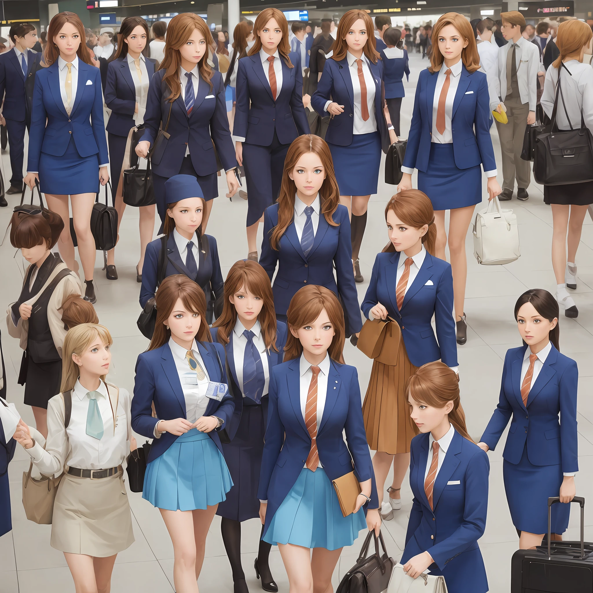 {{Mature female, caucasian}}, looking at viewer, hazel eyes, extremely detailed, medium breasts, brown hair, airport, flight attendant, uniform, blue blazer, necktie, blue skirt, medium skirt, blue high heels, happy, best quality, high quality, extremely detailed anime screencap, {{{{crowded, multiple girls, thousands of sisters, millions of sisters,billions of sisters, clone, doppelganger, matching outfit, matching hairstyle}}}}, full body
