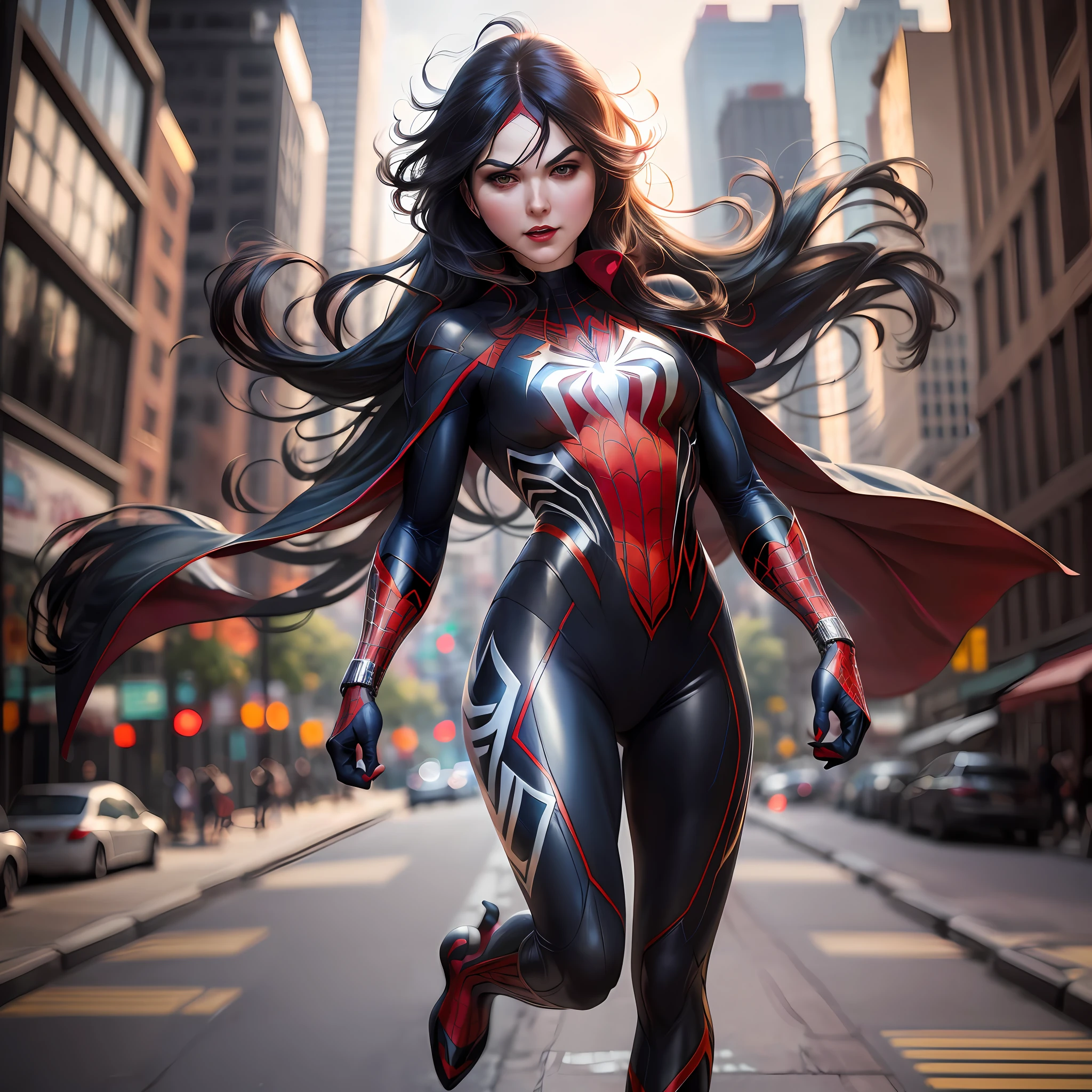 arafed woman in a red and black suit running down a street, ( ( spiderwoman ) ), artgerm moody photography, extremely detailed artgerm, spider woman, in the style artgerm, by ruan jia and stanley artgerm, style artgerm, ig model | artgerm, ross tran 8 k, graphic artist artgerm