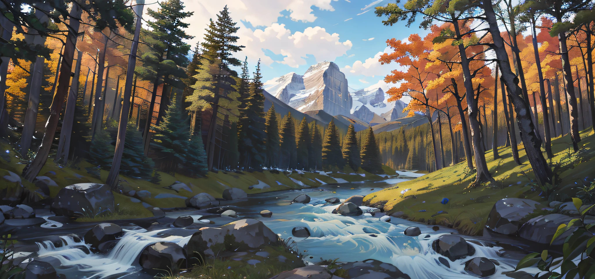 highres, absurdres, masterpiece, high quality, highly detailed, scenery of a mountain range, forest, nature, river