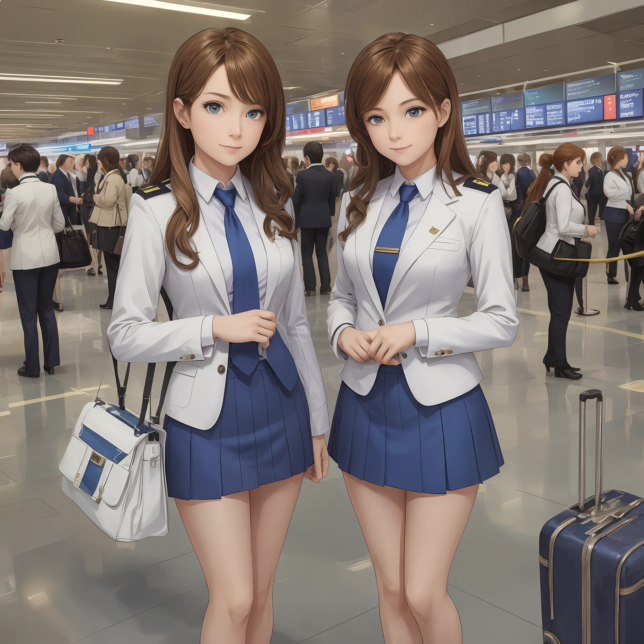 {{Mature female, caucasian}}, looking at viewer, hazel eyes, extremely detailed, medium breasts, brown hair, airport, flight attendant, uniform, blue blazer, necktie, blue skirt, medium skirt, blue high heels, happy, best quality, high quality, extremely detailed anime screencap, {{{{crowded, multiple girls, thousands of sisters, millions of sisters,billions of sisters, clone, doppelganger, matching outfit, matching hairstyle}}}}, full body