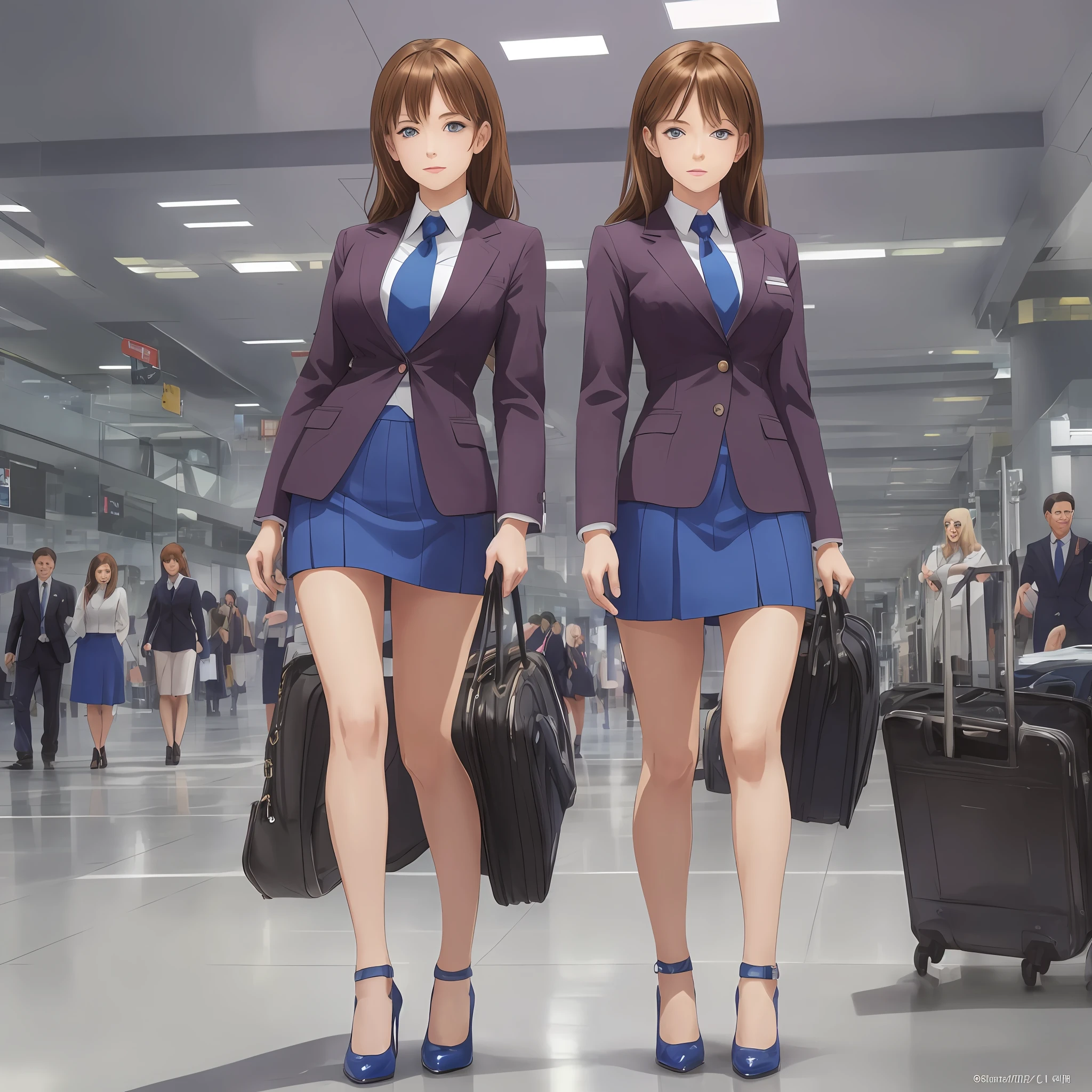 {{Mature female, caucasian}}, looking at viewer, hazel eyes, extremely detailed, medium breasts, brown hair, airport, flight attendant, uniform, blue blazer, necktie, blue skirt, medium skirt, blue high heels, happy, best quality, high quality, extremely detailed anime screencap, {{{{crowded, multiple girls, thousands of sisters, millions of sisters,billions of sisters, clone, doppelganger, matching outfit, matching hairstyle}}}}, full body