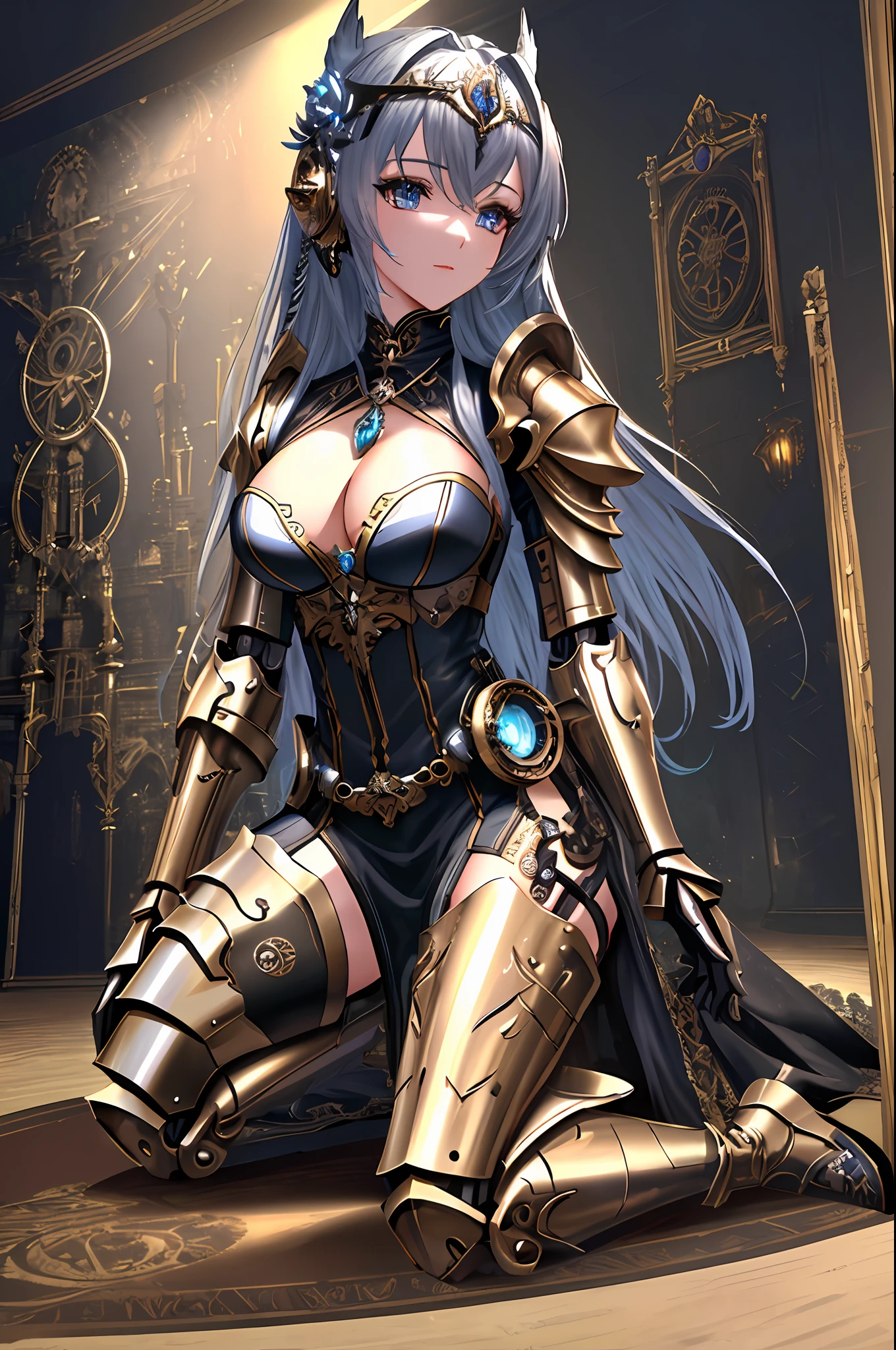 Top quality, masterpieces, masterpieces, highly detailed 8k wallpapers, (((transcendently beautiful face)), female knight android, cleavage, aside, absolute realm, mini dress, steampunk-style world, mechanical circlet covered up to the ears, mechanical armor dress made of fine metal and gears, mechanical limbs made of fine metal and gears, ((kneeling)), indoors, inside the castle, majestic atmosphere,