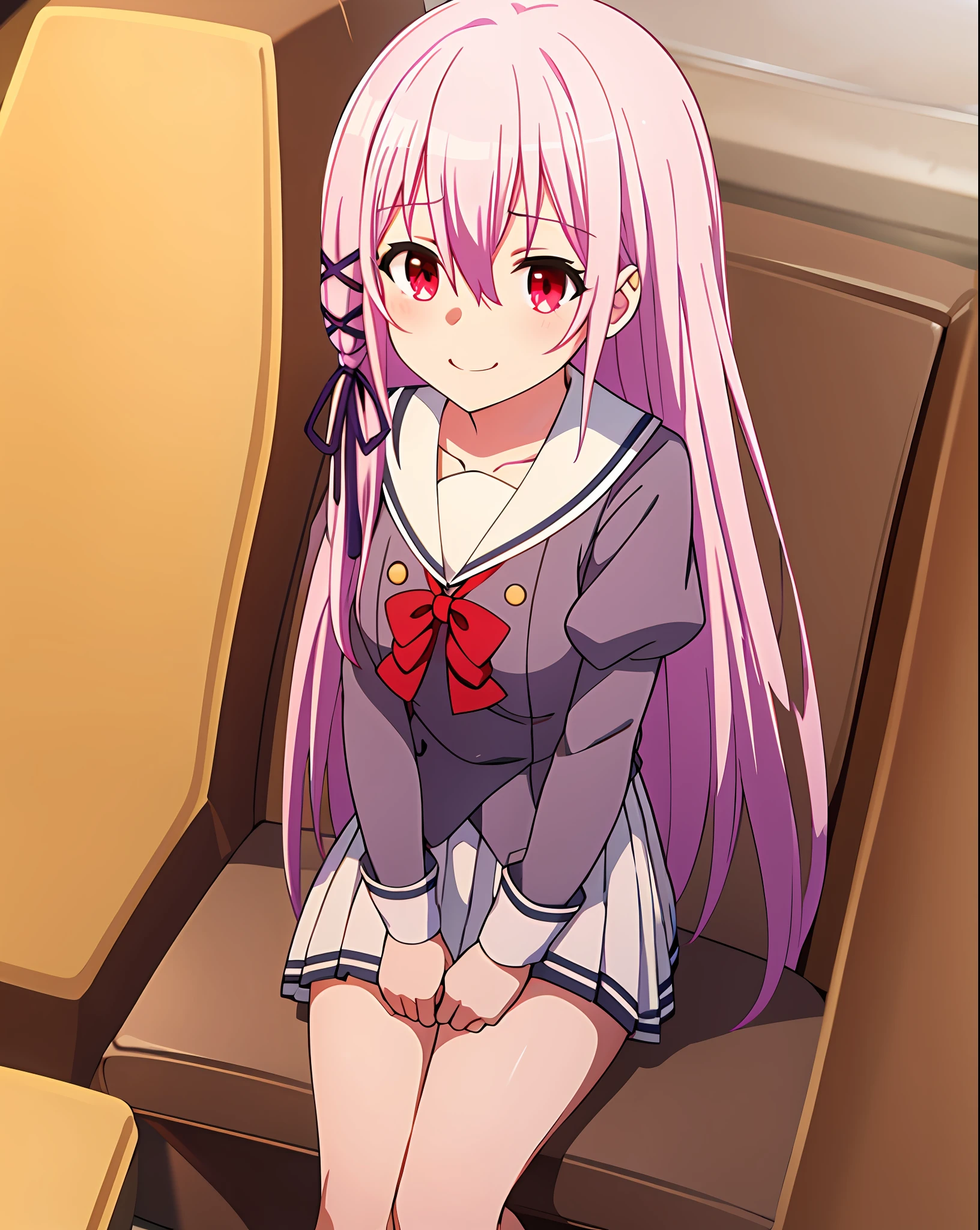masterpiece, best quality, 1 girl, Kisara, school uniforms, white thighs, smirk, CG, best quality, 8K, ultra detailed, seated