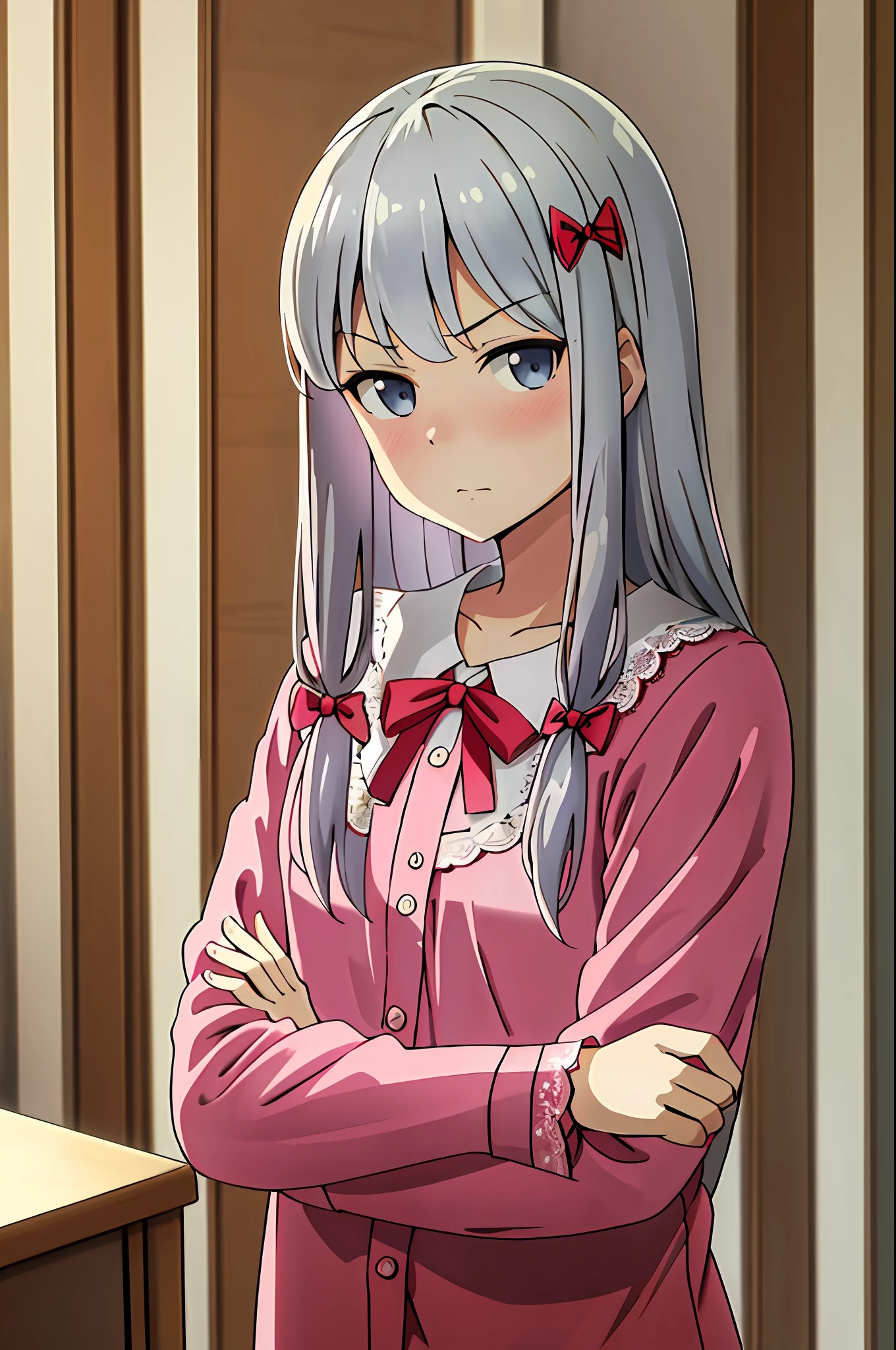 masterpiece, best quality, izumi_sagiri,lace,arco_rosa,cabelo_longo,silver hair,pajamas,arco_de_cabelo, brave face,arms crossed