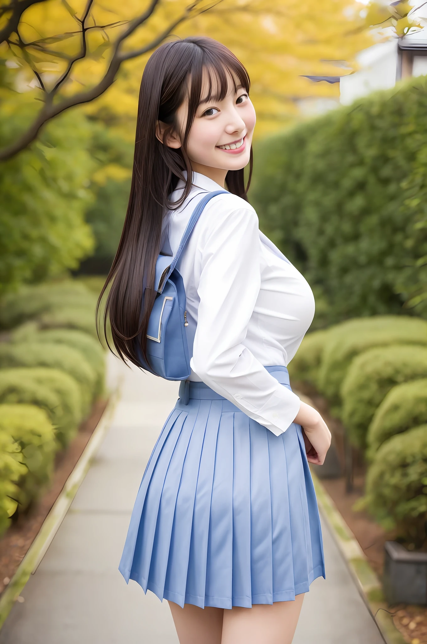 Schoolgirl close up walking with man, big breasts, slim, white skin, from behind, smiling Japan model, young sensual gravure idol, young cute gravure idol, realistic young gravure idol, realistic sensual gravure idol, young gravure idol, sophisticated gravure idol, Yoshitomo Nara, young skinny