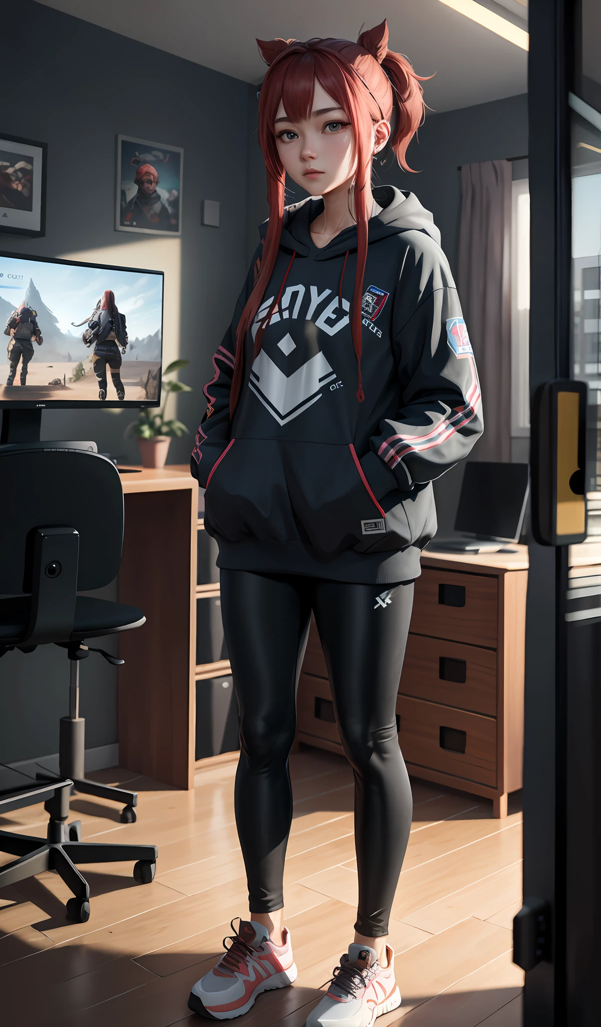 4k, realistic, very detail, there is a girl playing game, she is a pro player, gamer theme, soft clothes, long hair, wearing legging, 25 years old, full body