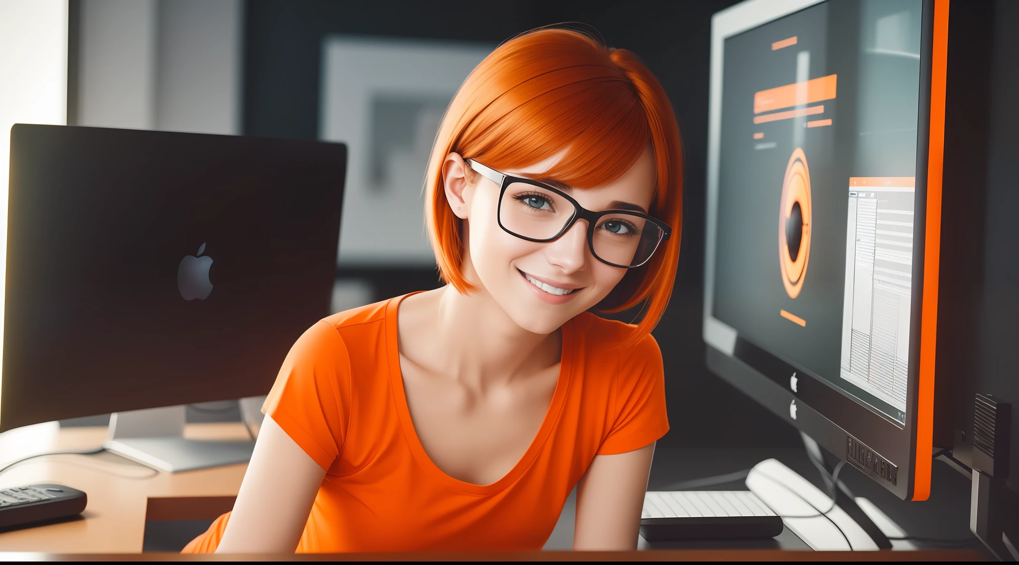 a gorgeous 27-year-old female character wearing orange glasses, wearing a plain orange mesh T-shirt, very short and spiky orange brown hair, working in an advertising agency with orange walls, blurred background, looking at the monitor of an iMac, smiling, cinematic lighting, shallow depth of field, 8k uhd, dslr, 35 mm 1.8 lens, masterpiece, high quality, photorealistic, realism, hyperrealism, art photography --auto --s2