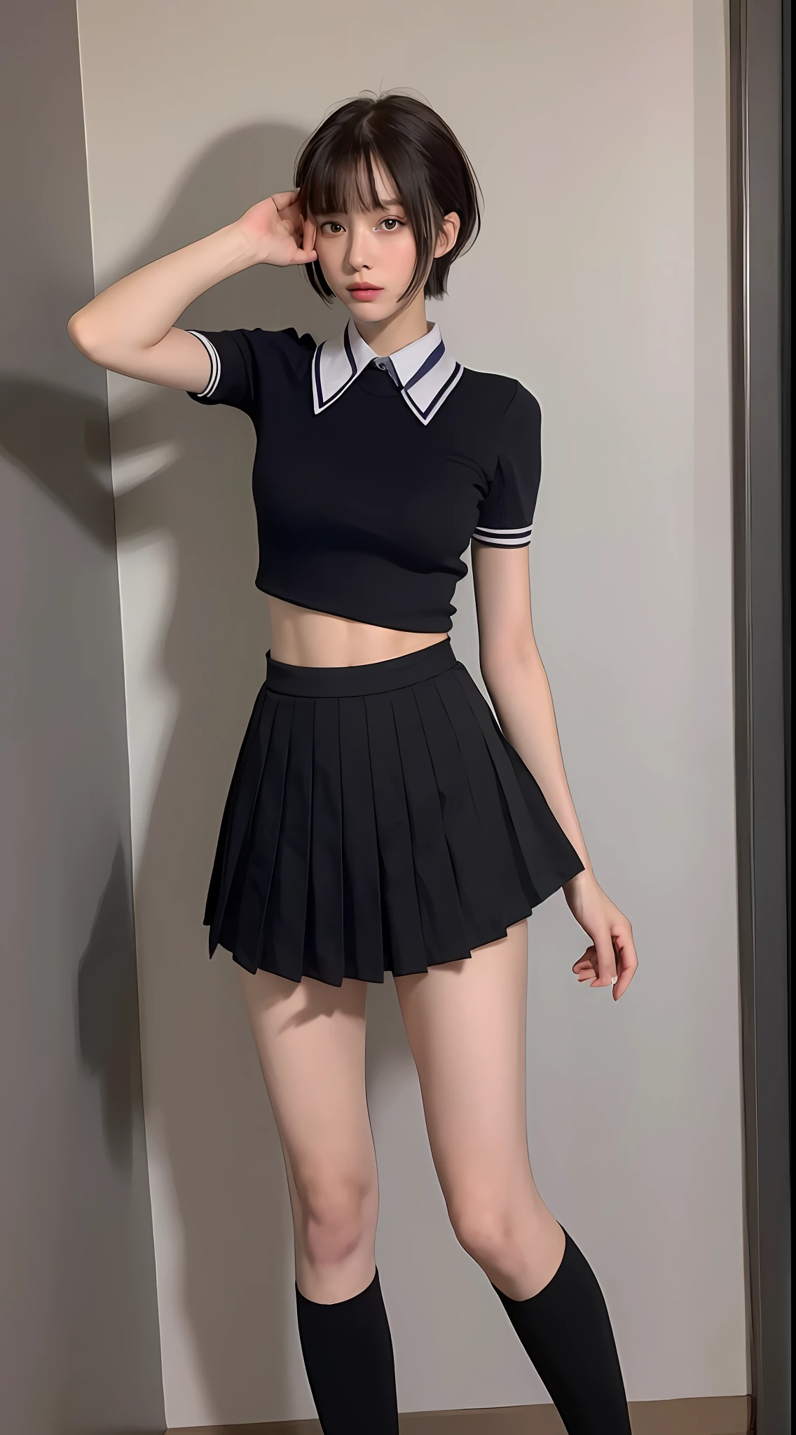 ((Top Quality, 8k, Masterpiece: 1.3)), 1 girl, Beauty with slender abs: 1.3, (Medium Short Hair, Big: 1.2), Uniform: 1.1, Ultra Detailed Face, Detailed Eyes, Double Eyelids, Black Pleated Skirt, Full Body, Navel, Knee High Socks