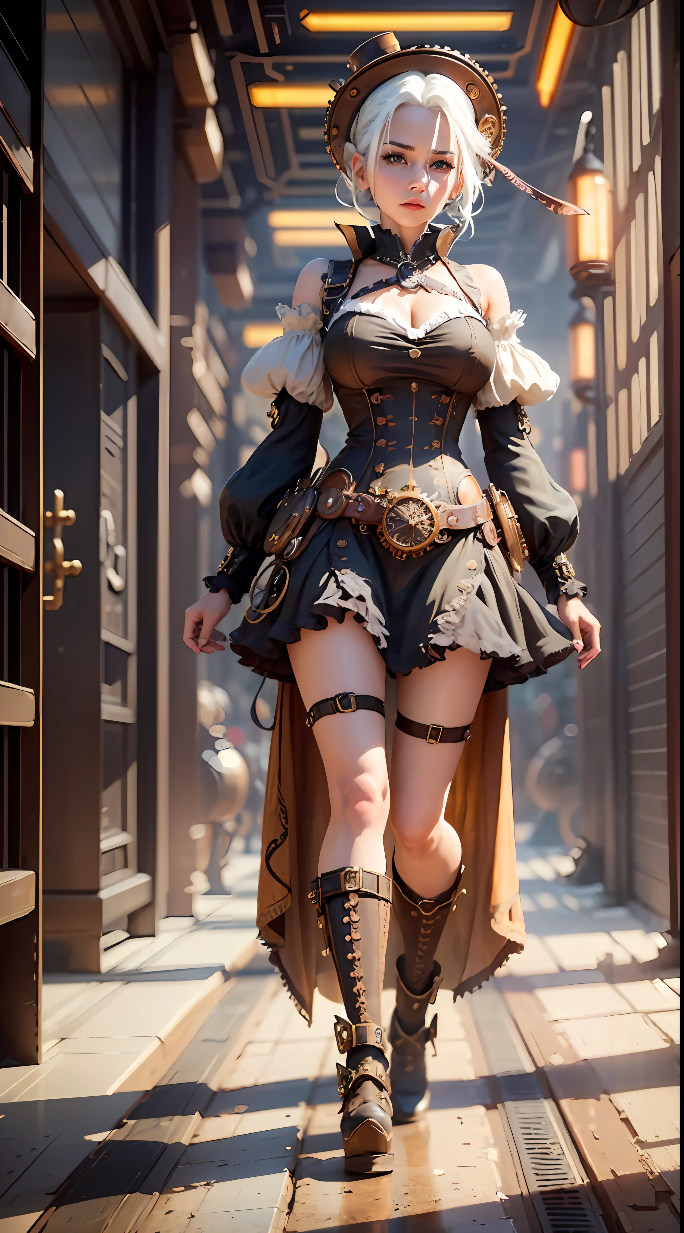 1 girl sexy steampunk girl , full body, ((steampunk dress)), ((steampunk technology)) ,(white hair) ,cinema composition shot, professional color grading, epic volumetric lighting, sharp focus, film grain, high dynamic range, atmosphere, majestic, masterpiece, day --ar 3:4 --auto --s2