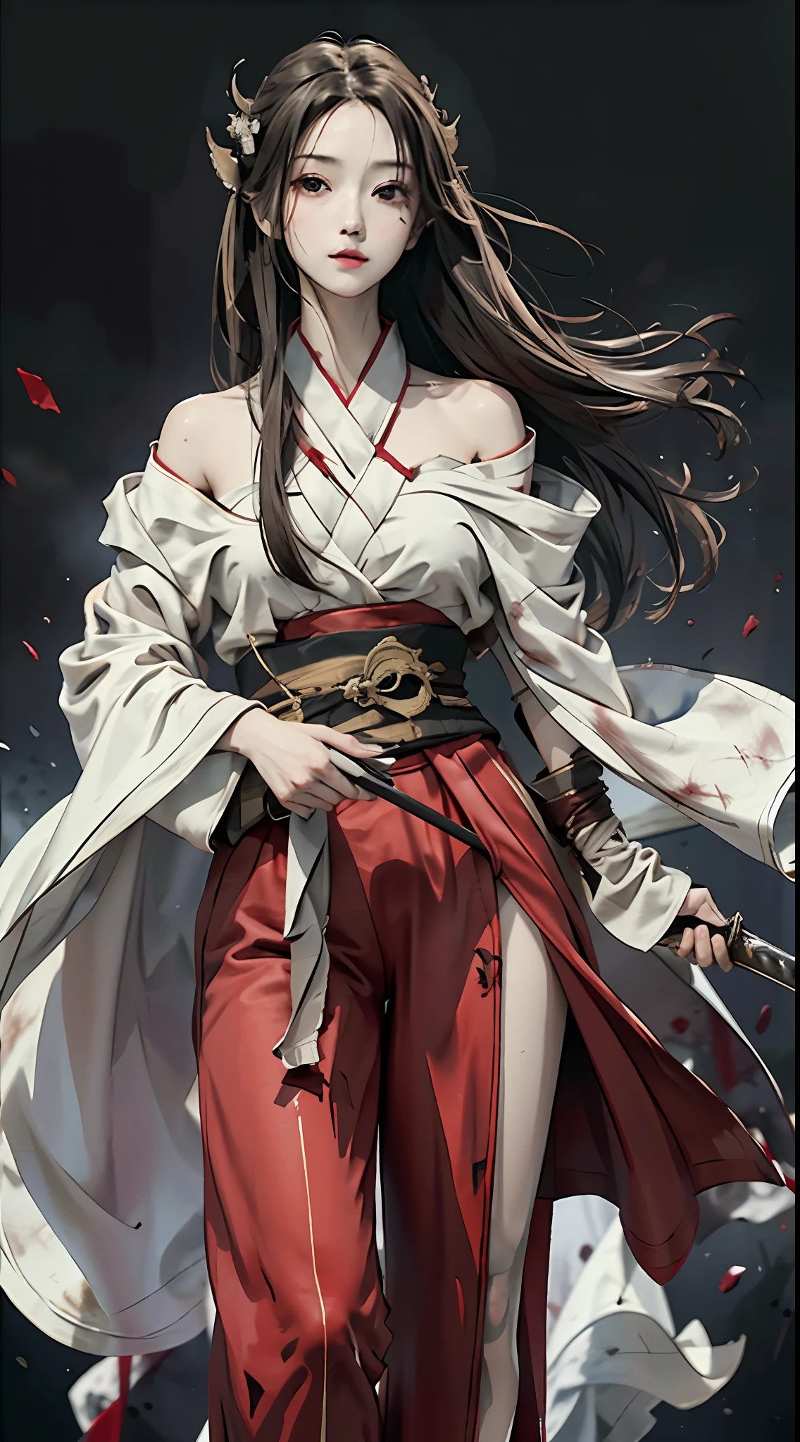 RAW Photo, 4k, Realistic, Delicate and Meticulous Skin), Masterpiece, Best Quality, Official Art, Unity 8k Wallpaper, Ultra Detailed, (Soft Light), Cinematic Look, High Saturation, Best Anatomy, Volume Fog, Slim Body, Full Body, 1 Girl, Looking at the Audience, Red Clothes, (with a Weapon on the Waist), Sword, Long Hair, Brunette Hair, Solo, Blood, Armguards, Complex Background, Looking at the Viewer, Black Eyes, Cloth, Floating Hair, Evil Smile, Hanfu, Dynamic Movement, Dynamic Pose, with bandages wrapped around hands, the wind carries dust,