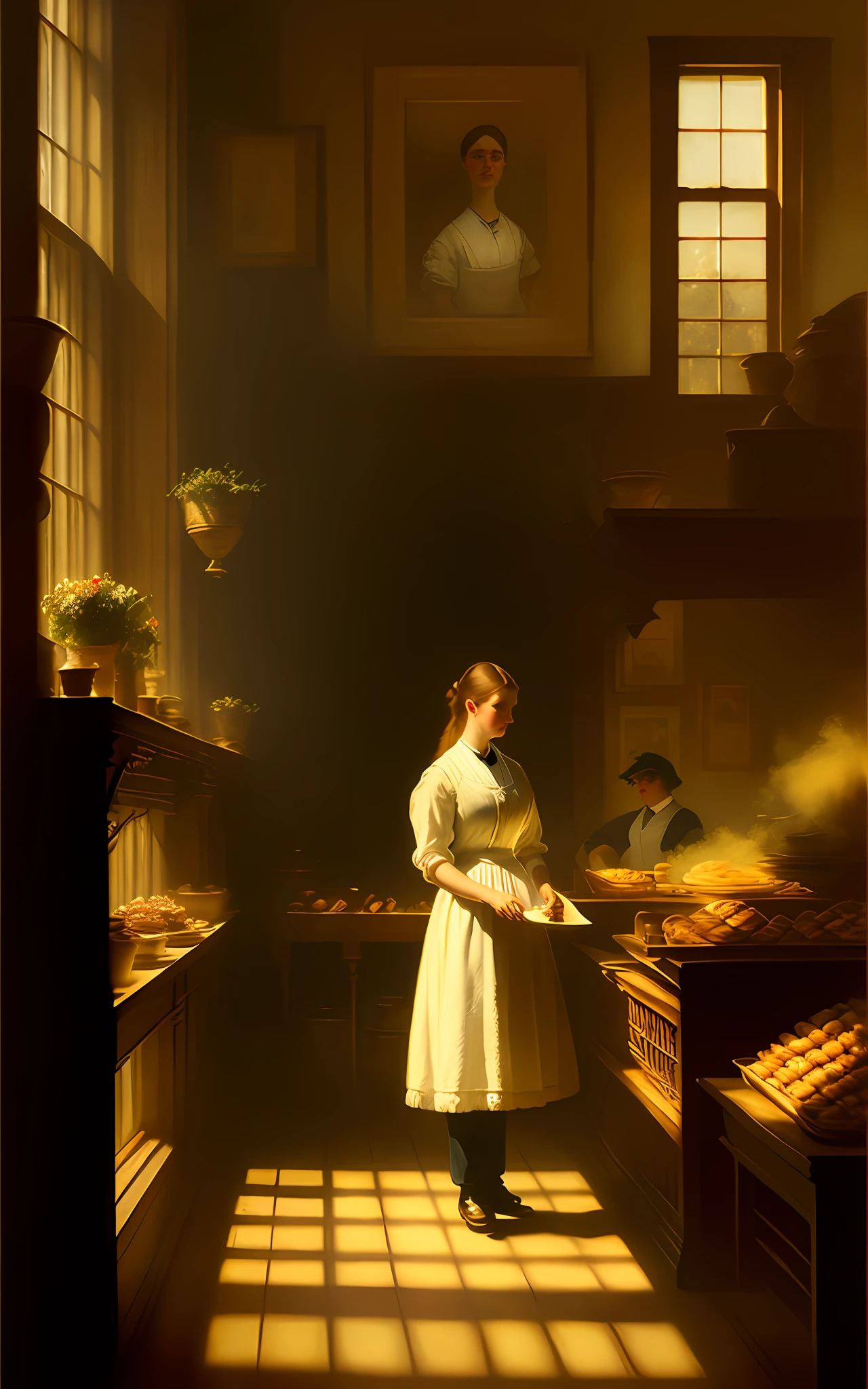 oil painting of a woman working in a victorian bakery in the style of Tom Roberts, soft sunlight