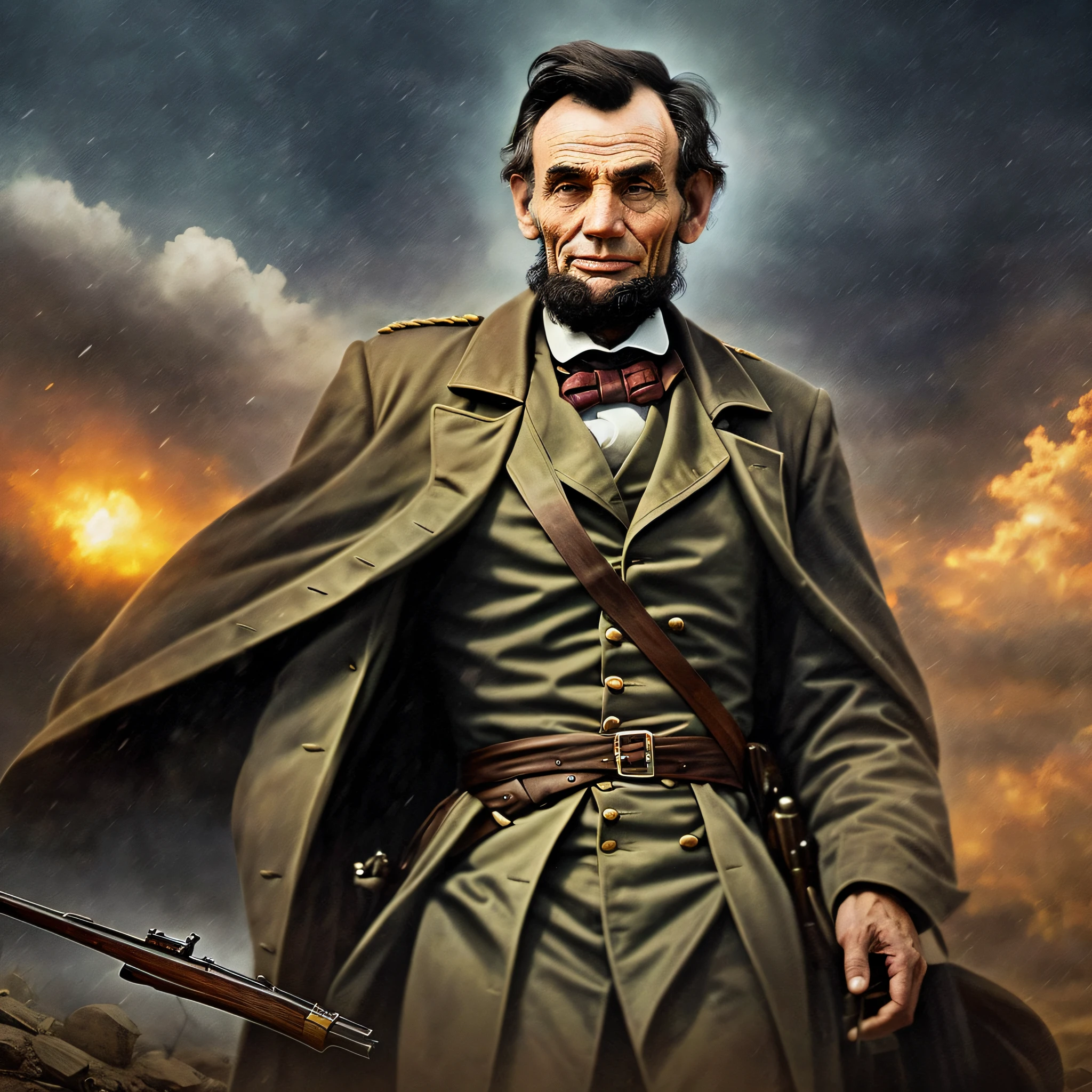 Detailed and more realistic close-up image of Abraham Lincoln determined, dirty countenance, looking forward, on the battlefield of the American Civil War, twilight light, warm atmosphere, cultured atmosphere --auto --s2