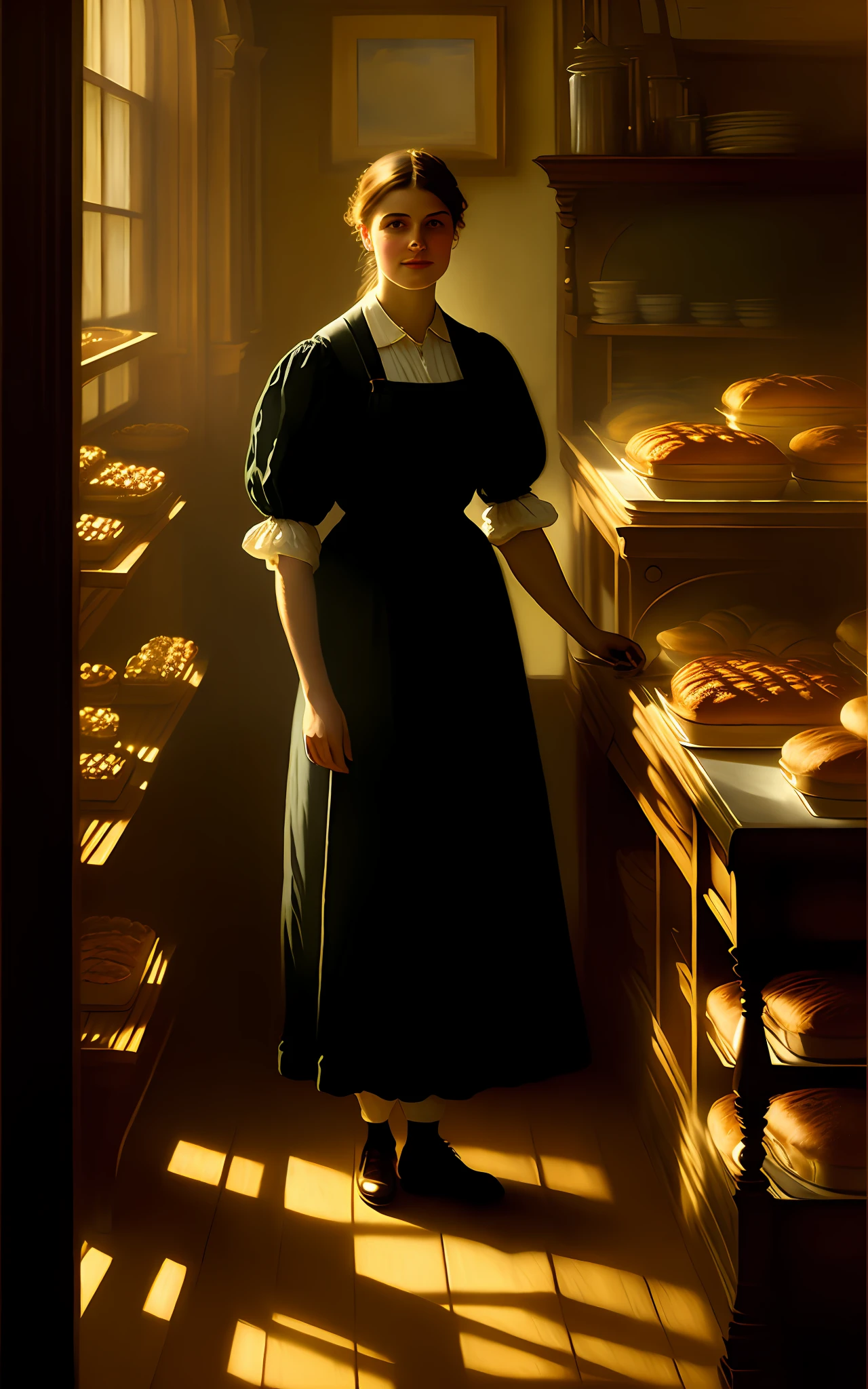 oil painting of a woman working in a victorian bakery in the style of Tom Roberts, soft sunlight