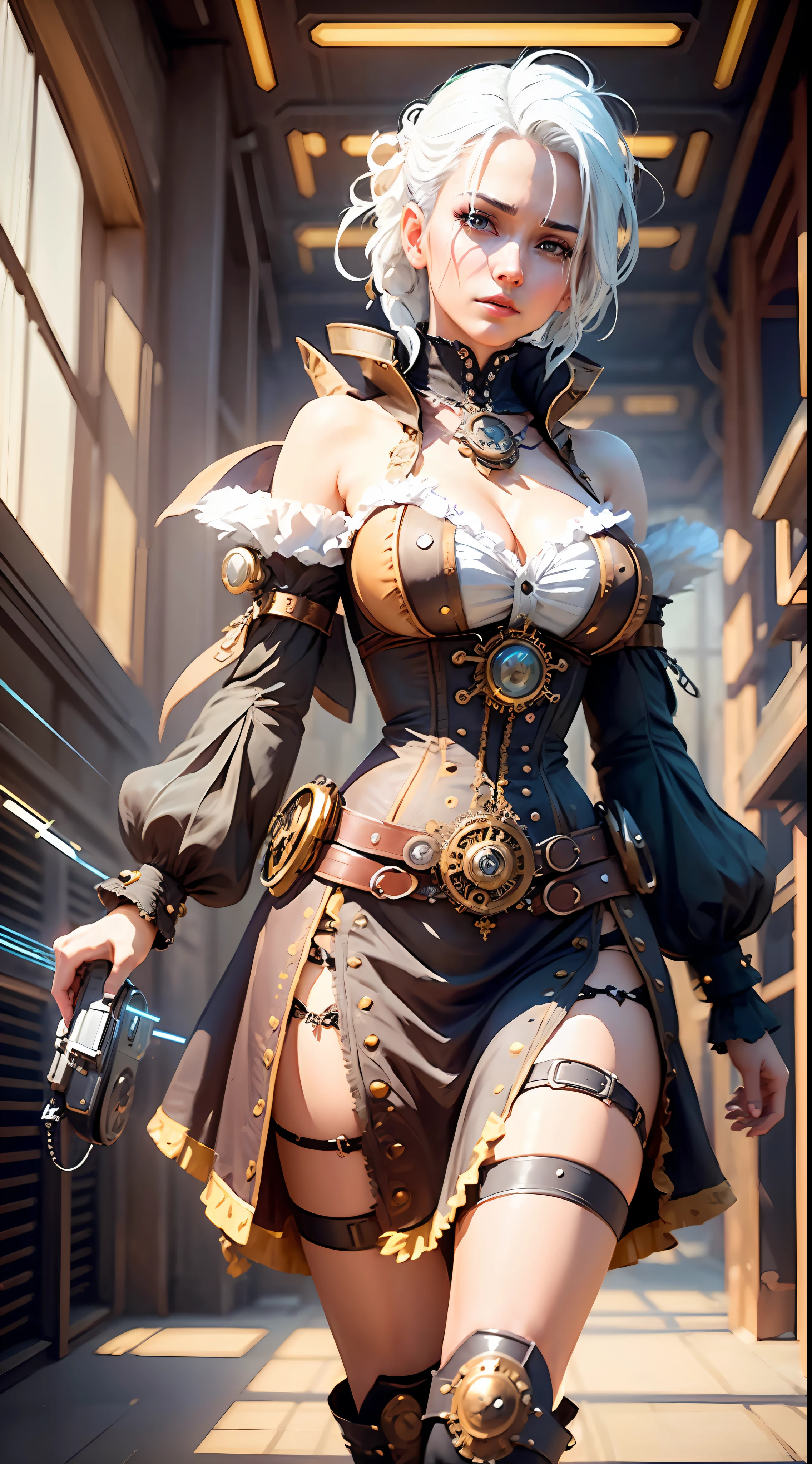 1 girl sexy steampunk girl , full body, ((steampunk dress)), ((steampunk technology)) ,(white hair) ,cinema composition shot, professional color grading, epic volumetric lighting, sharp focus, film grain, high dynamic range, atmosphere, majestic, masterpiece, day --ar 3:4 --auto --s2