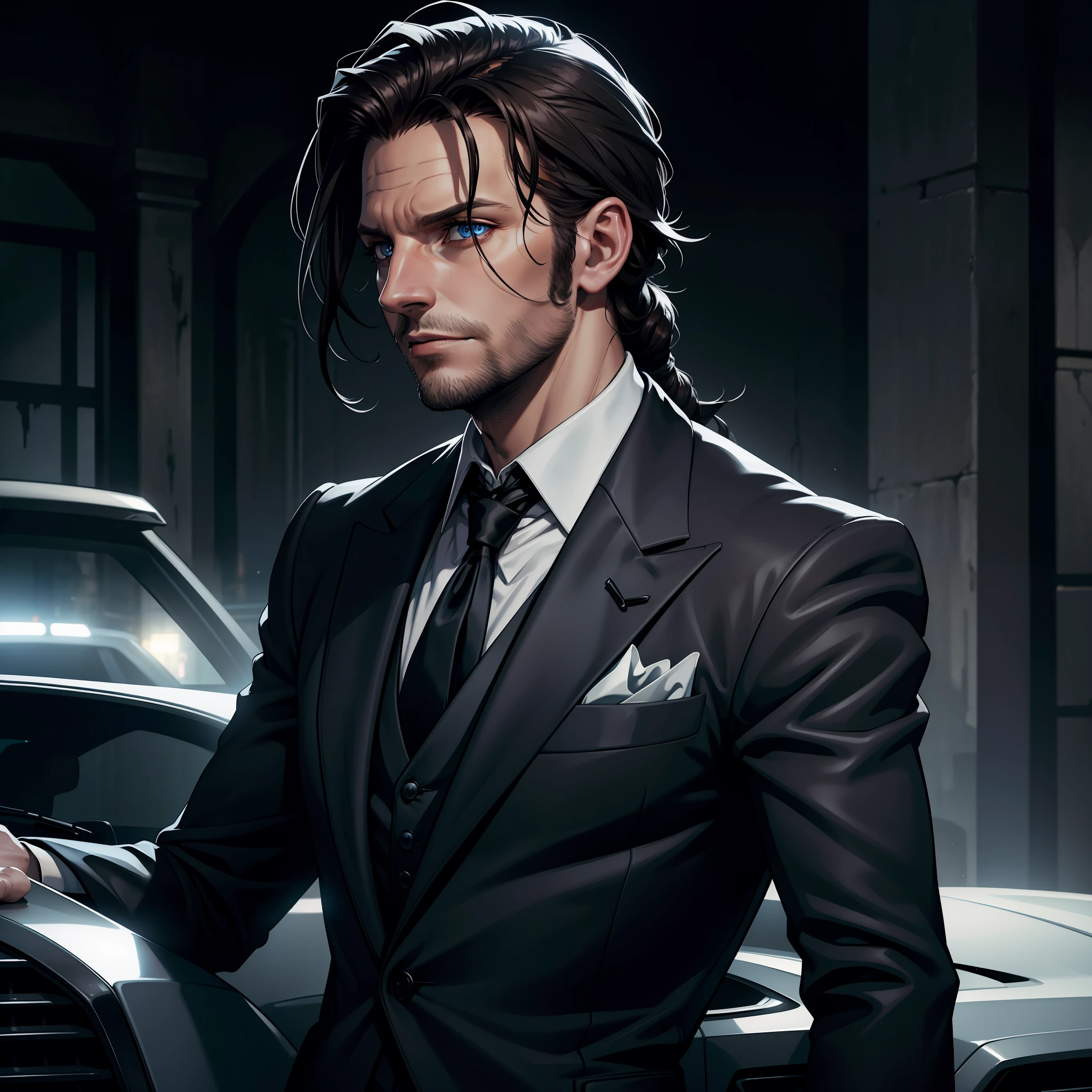(extremely detailed 8k wallpaper), dark theme, Vampire the Masquerade, modern horror, 2020s, man, wearing gray suit with white shirt and black tie, sharp focus, (subsurface scattering:1.1), award-winning photography, centered face, Bradley Cooper's face, ((a True Brujah vampire)), half-body shot:1.1, short dark brown hair, blue eyes, indifferent expression, in front of expensive car at night, dramatic lighting