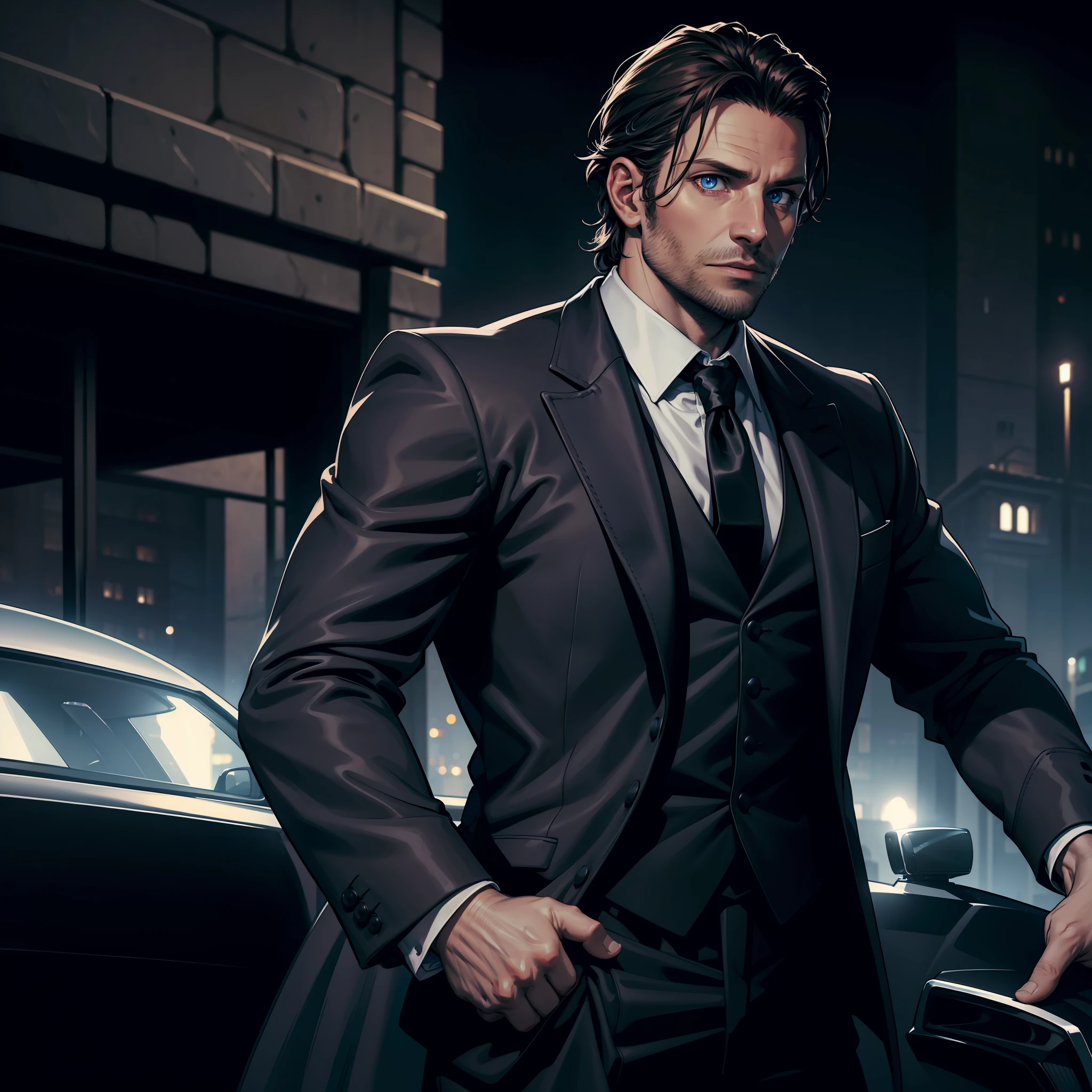 (extremely detailed 8k wallpaper), dark theme, Vampire the Masquerade, modern horror, 2020s, man, wearing gray suit with white shirt and black tie, sharp focus, (subsurface scattering:1.1), award-winning photography, centered face, Bradley Cooper's face, ((a True Brujah vampire)), half-body shot:1.1, short dark brown hair, blue eyes, indifferent expression, in front of expensive car at night, dramatic lighting