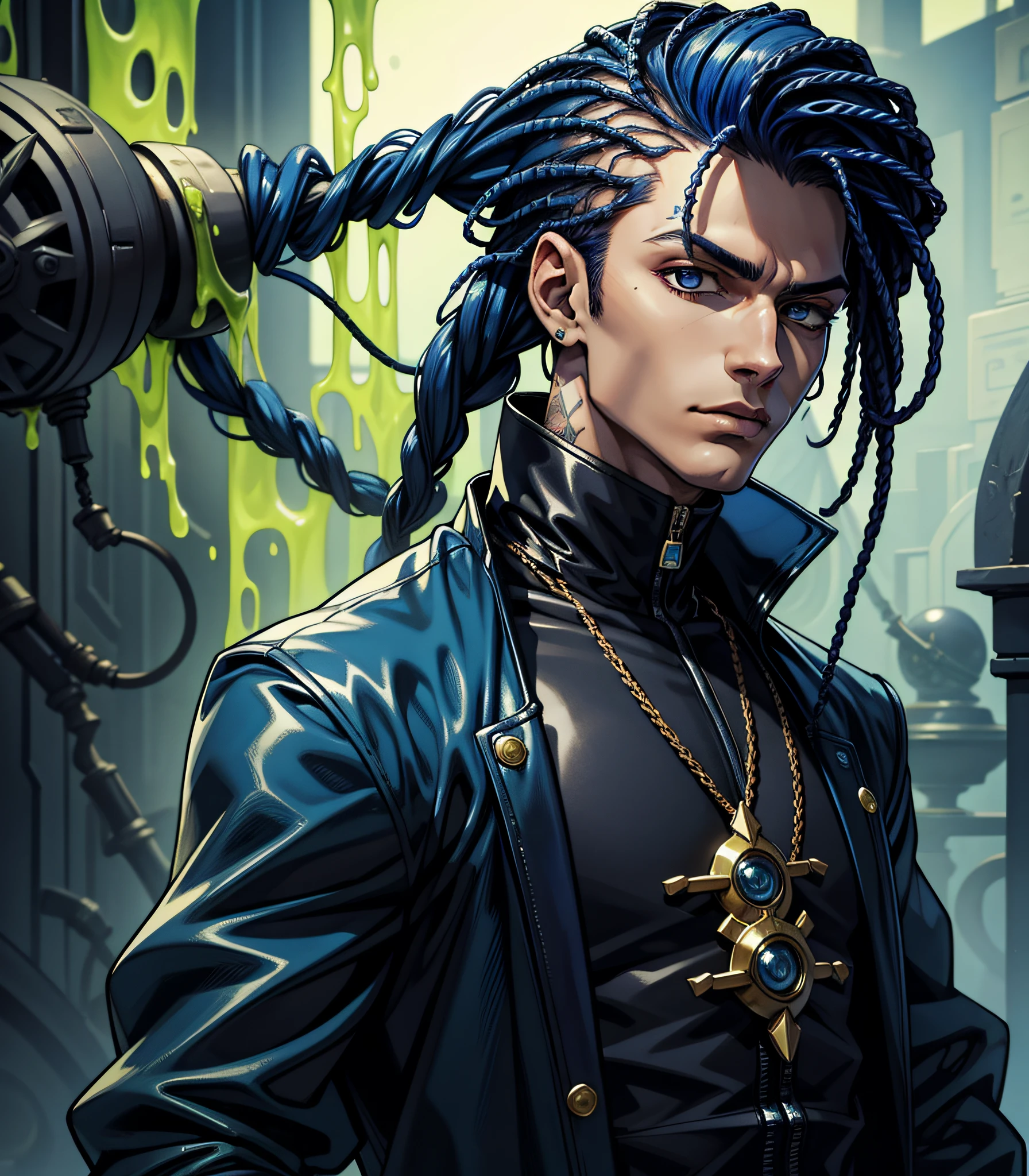 Slime boy, (slime) Slime hair Synthetic dreads hair style, Persian indigo , bad to the bone clothing, Masterpiece, Best Quality