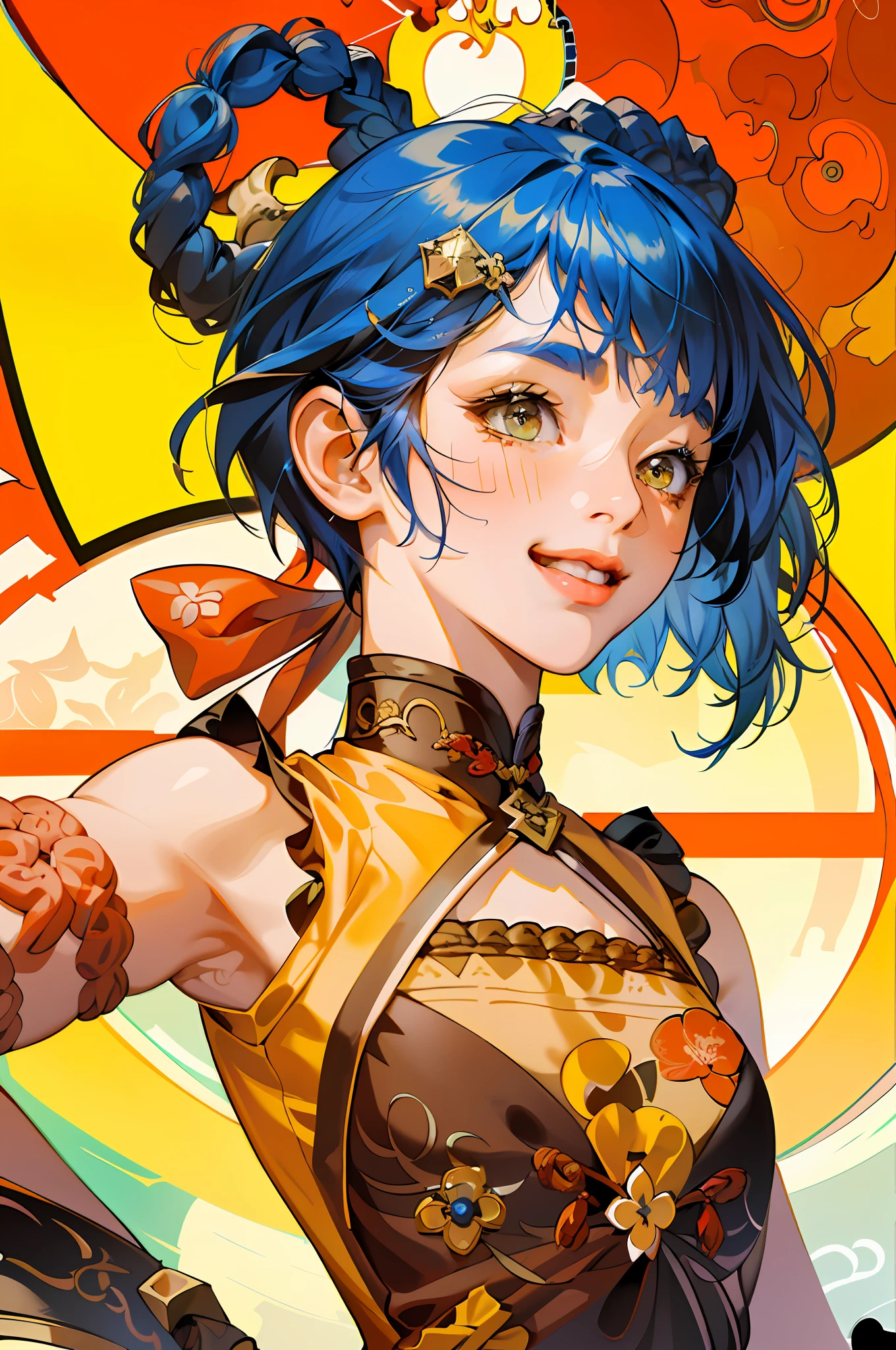 absurdres, highres, ultra detailed, 1girl, solo, extremely detailed eyes, (official art, beautiful and aesthetic:1.2), (1girl), extreme detailed,(fractal art:1.3),colorful,highest detailed, short blue hair with 2 braids on top of the head, yellow chinese clothes, closeup portrait cute face, smile