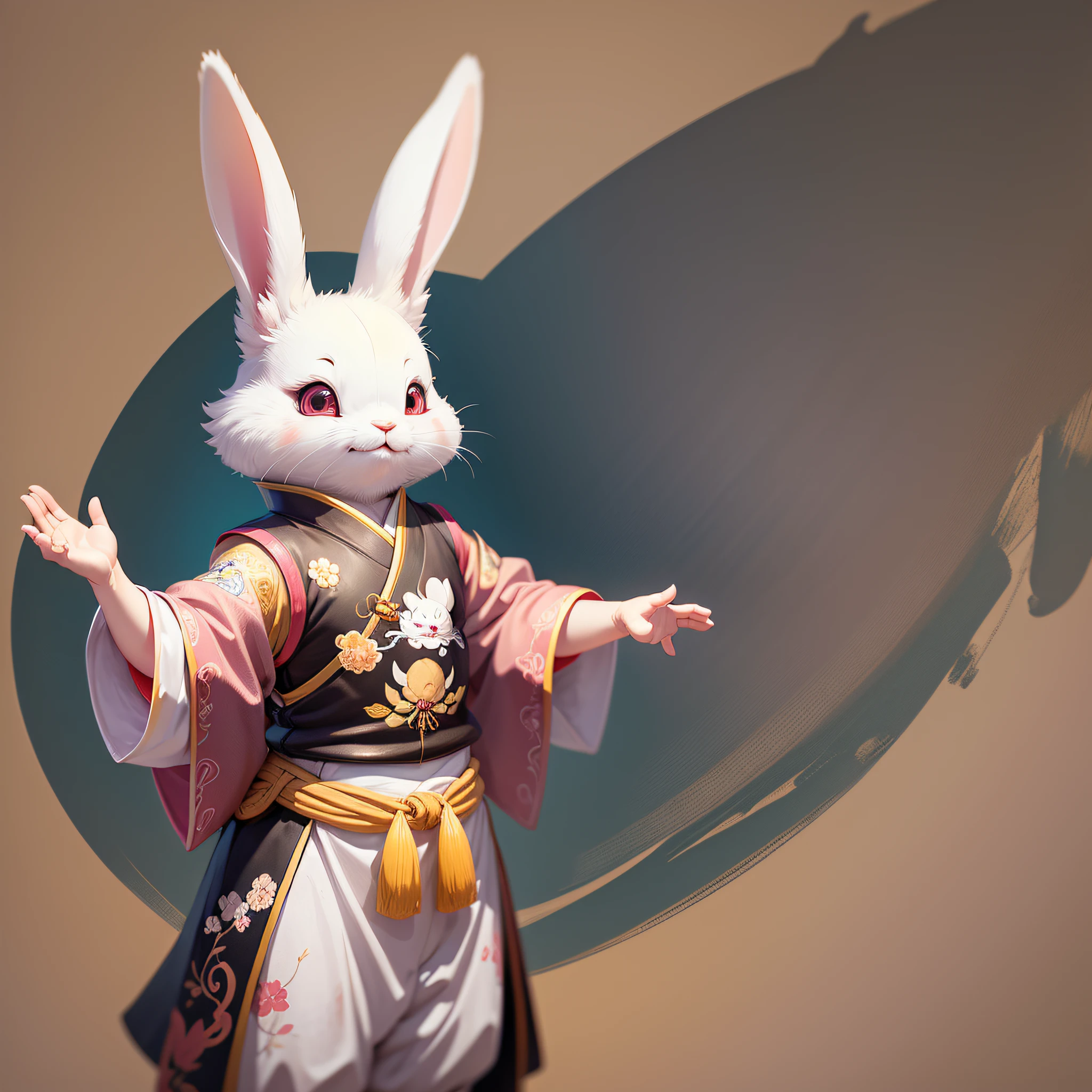 Traditional Chinese painting, cute little white bunny waving and smiling greeting, anthropomorphic, standing, white background, pink eyes, comfortable interior lighting, art station, detailed digital painting, character design of Hayao Miyazaki, daz, cartoon, yellow background, flat --auto --s2